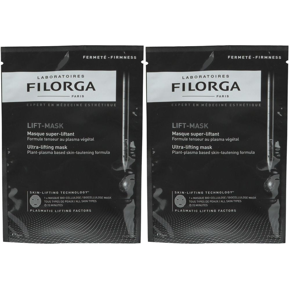 Deux sachets noirs Filorga Lift-Mask. Texte: Lift-Mask, Ultra-lifting mask, Laboratoires Filorga Paris.
