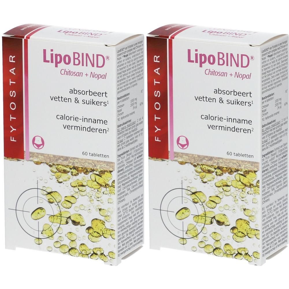 Zwei Schachteln FYTOSTAR LipoBIND® Chitosan + Nopal. Aufschrift: absorbeert vetten & suikers, calorie-inname verminderen. 60 Tabletten.