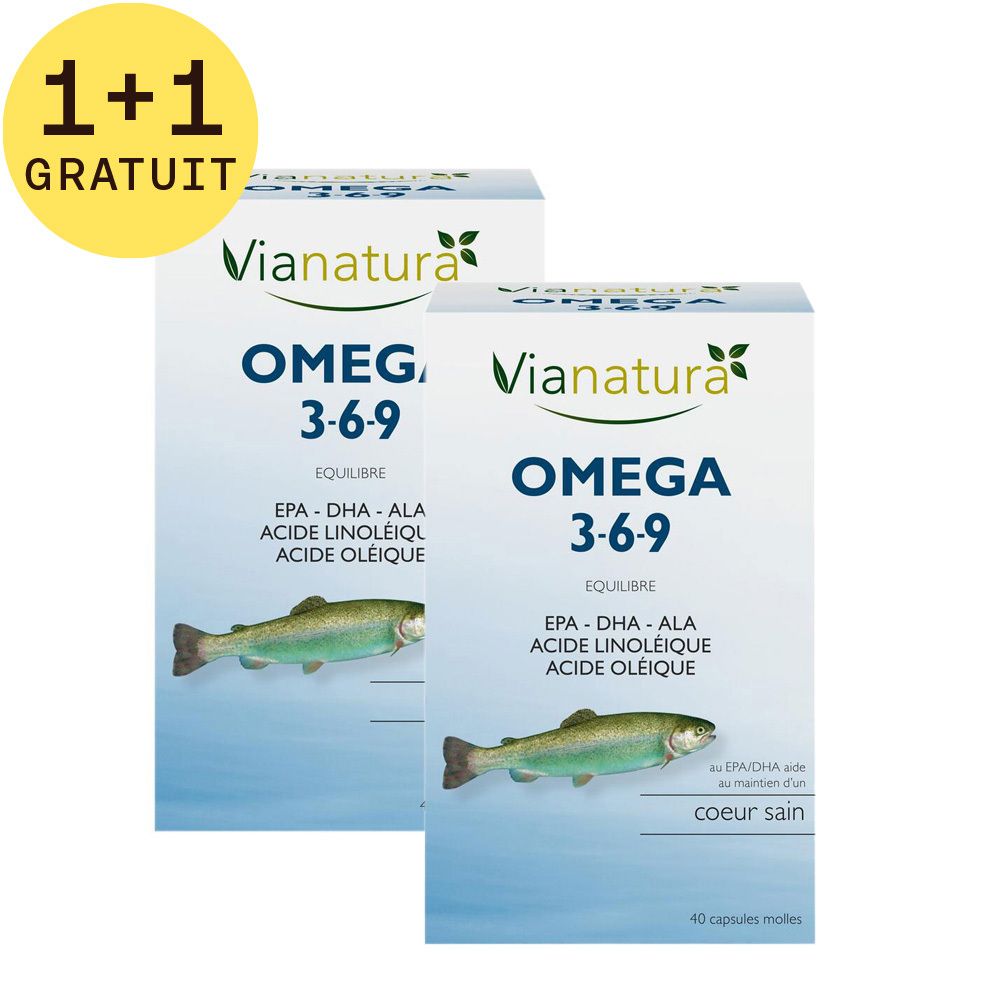 Deux boîtes ViaNatura Omega 3-6-9 avec offre gratuite. Inscription: Omega 3-6-9, EPA-DHA-ALA, acide linoléique, acide oléique, coeur sain. Illustration de poisson.