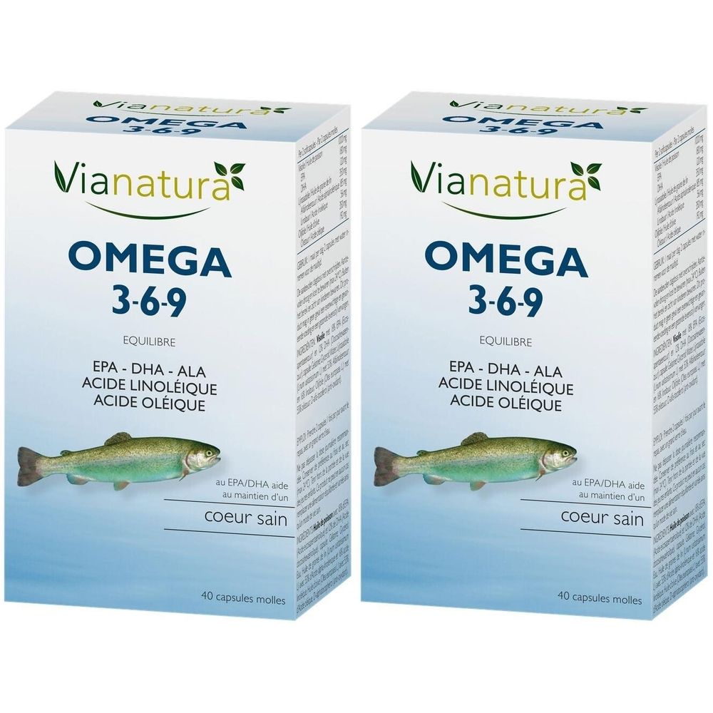 Deux boîtes ViaNatura Omega 3-6-9. Inscription: Omega 3-6-9, EPA-DHA-ALA, acide linoléique, acide oléique, coeur sain. Illustration de poisson.