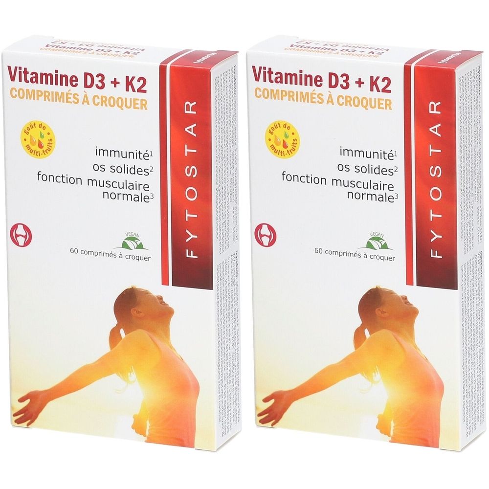 Deux boîtes de FYTOSTAR Vitamine D3 + K2. Inscription: immunité, os, fonction musculaire. 60 comprimés à croquer.