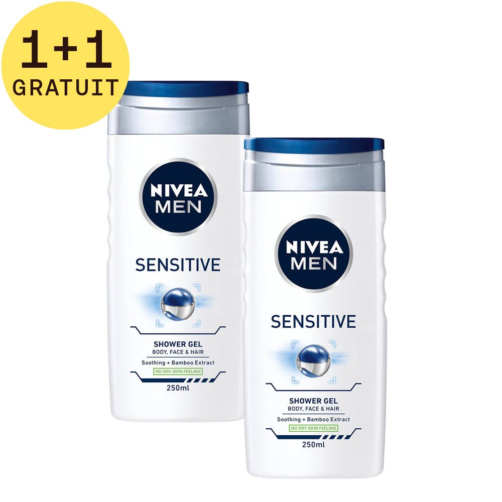 Deux flacons de gel douche, un avec autocollant 1+1 GRATUIT. Inscription: NIVEA MEN SENSITIVE SHOWER GEL. 250ml. Extrait de bambou.