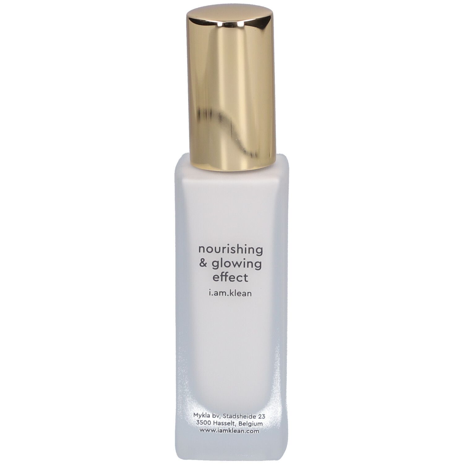 Flakon mit goldfarbenem Deckel. Aufschrift: nourishing & glowing effect, i.am.klean.