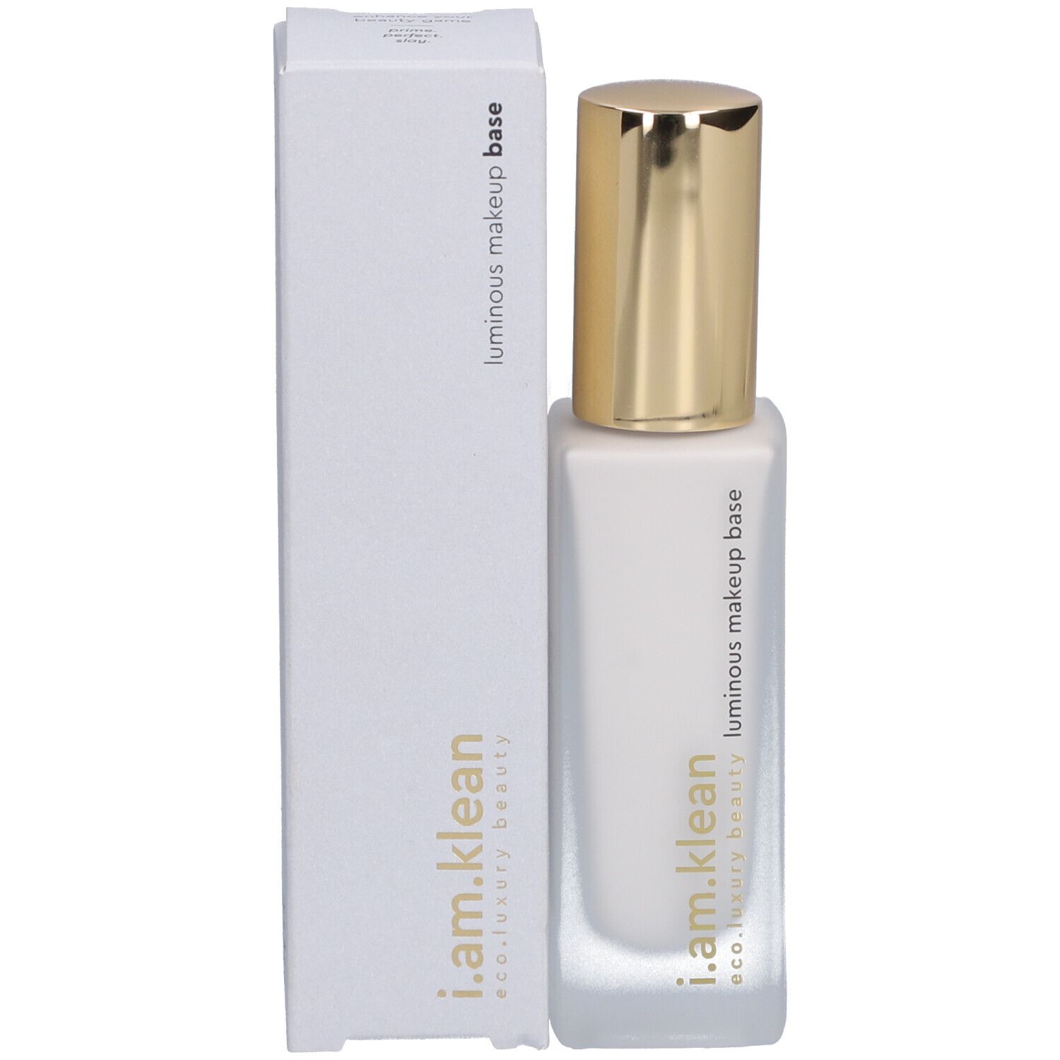 Produktflakon mit goldfarbenem Deckel und Verpackung. Aufschrift: i.am.klean, luminous makeup base.