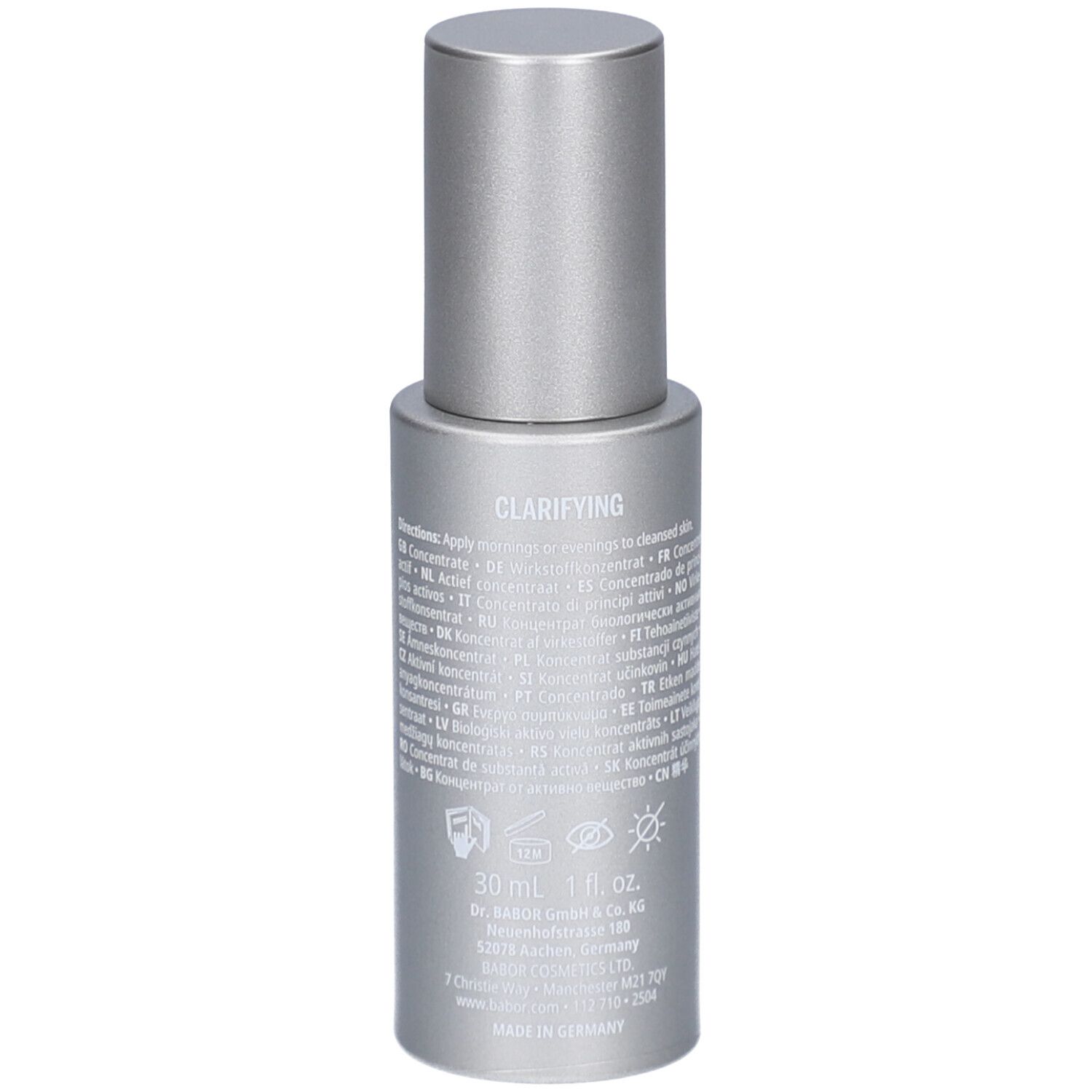 Silberne Flasche mit silbernem Deckel. Beschriftung: 10% Azelainsäure, Complexion Perfecting Serum, DOCTOR BABOR. Rückseite mit Text.