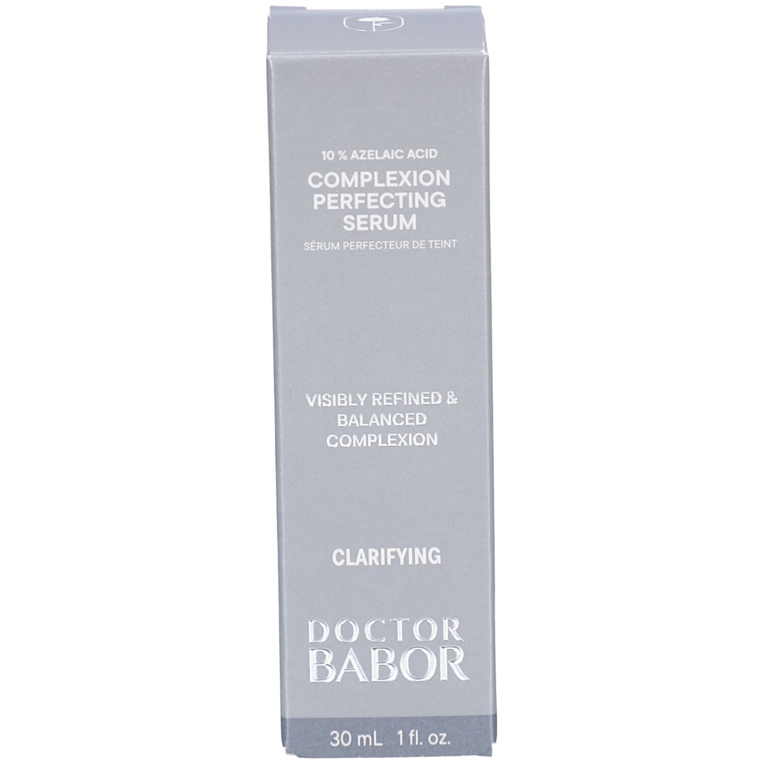 Graue Schachtel. Beschriftung: 10% Azelainsäure, Complexion Perfecting Serum, DOCTOR BABOR. 30 ml.