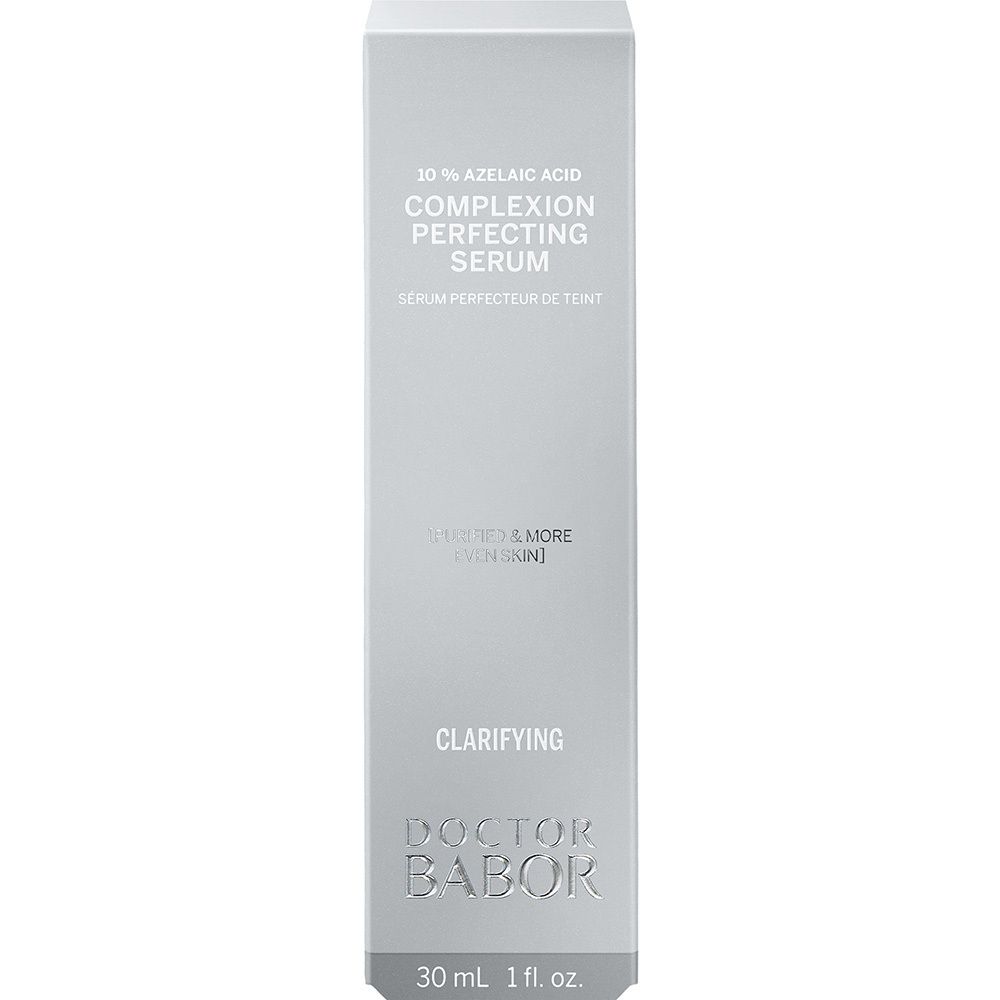Eine silberne Flasche mit DOCTOR BABOR Komplexion Perfektionierendes Serum.