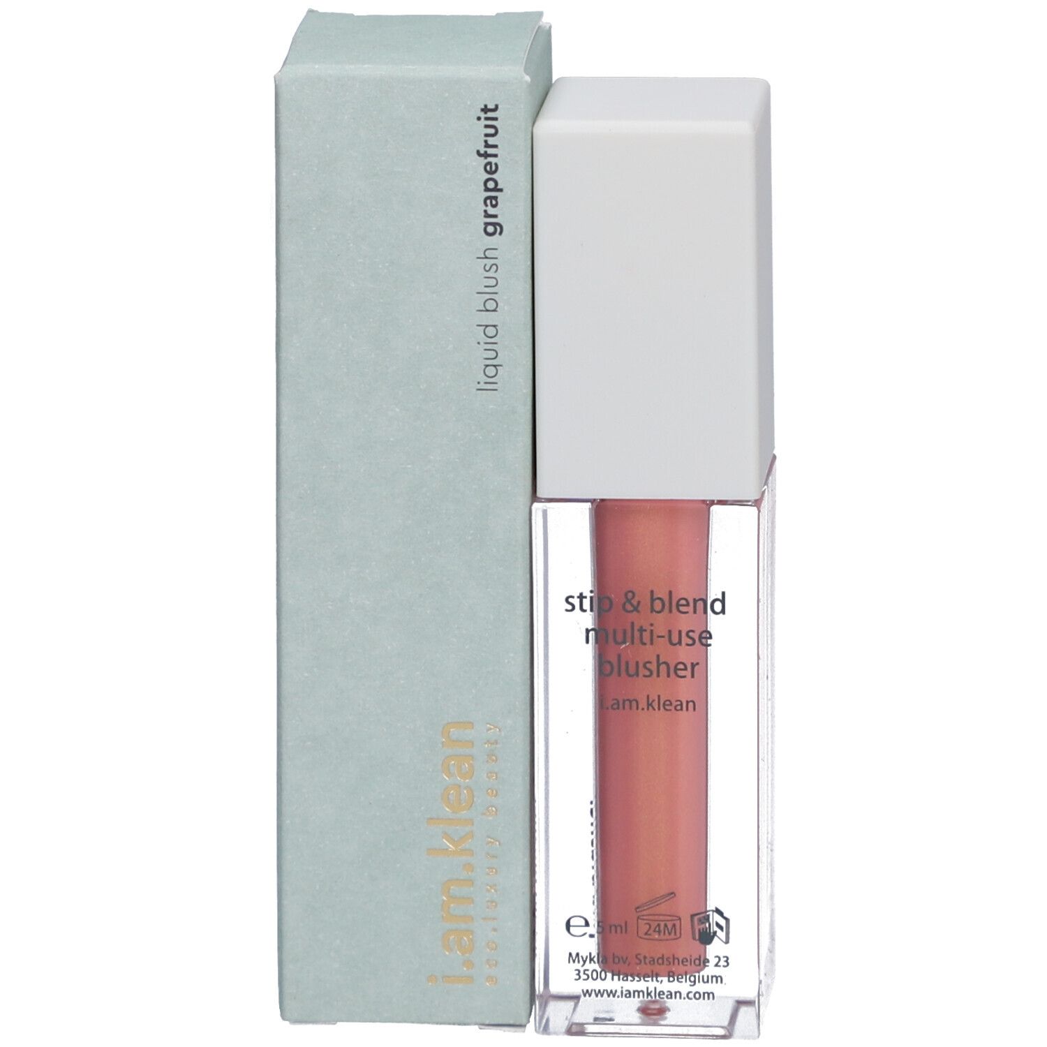 Flüssiges Rouge Grapefruit, Flasche und Verpackung. Aufschrift: i.am.klean, liquid blush, multi-use blusher.