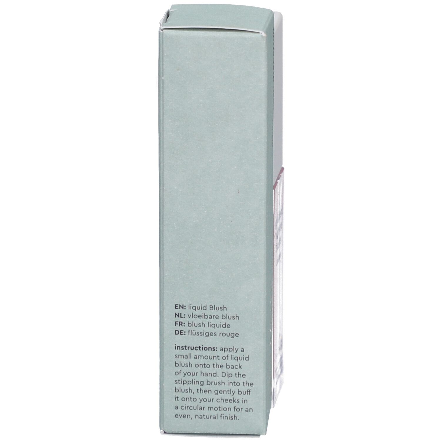 Verpackung mit Text. Aufschrift: liquid blush, Anweisungen in Englisch, Niederländisch, Französisch und Deutsch.