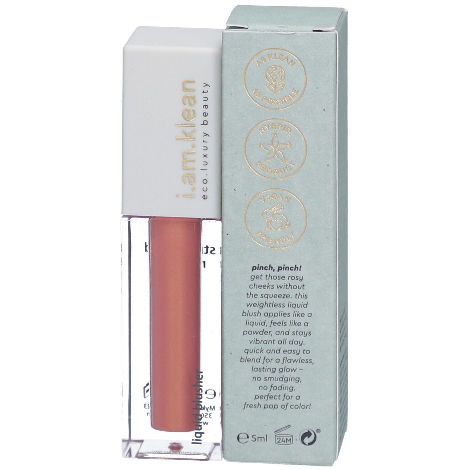 Flüssiges Rouge Grapefruit, Flasche und Verpackung. Aufschrift: i.am.klean, eco luxury beauty, multi-use blusher.
