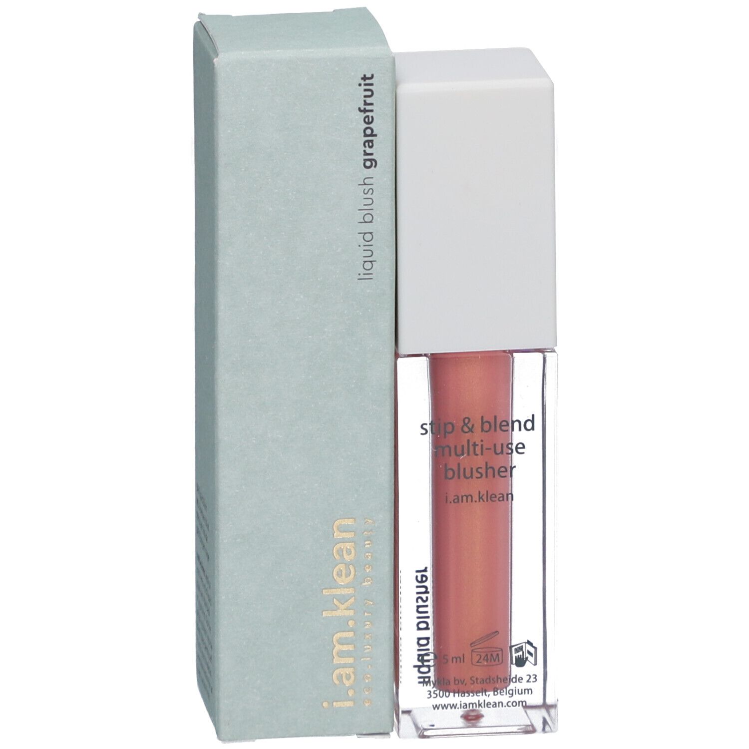 Flüssiges Rouge Grapefruit, Flasche und Verpackung. Aufschrift: i.am.klean, liquid blush, multi-use blusher.