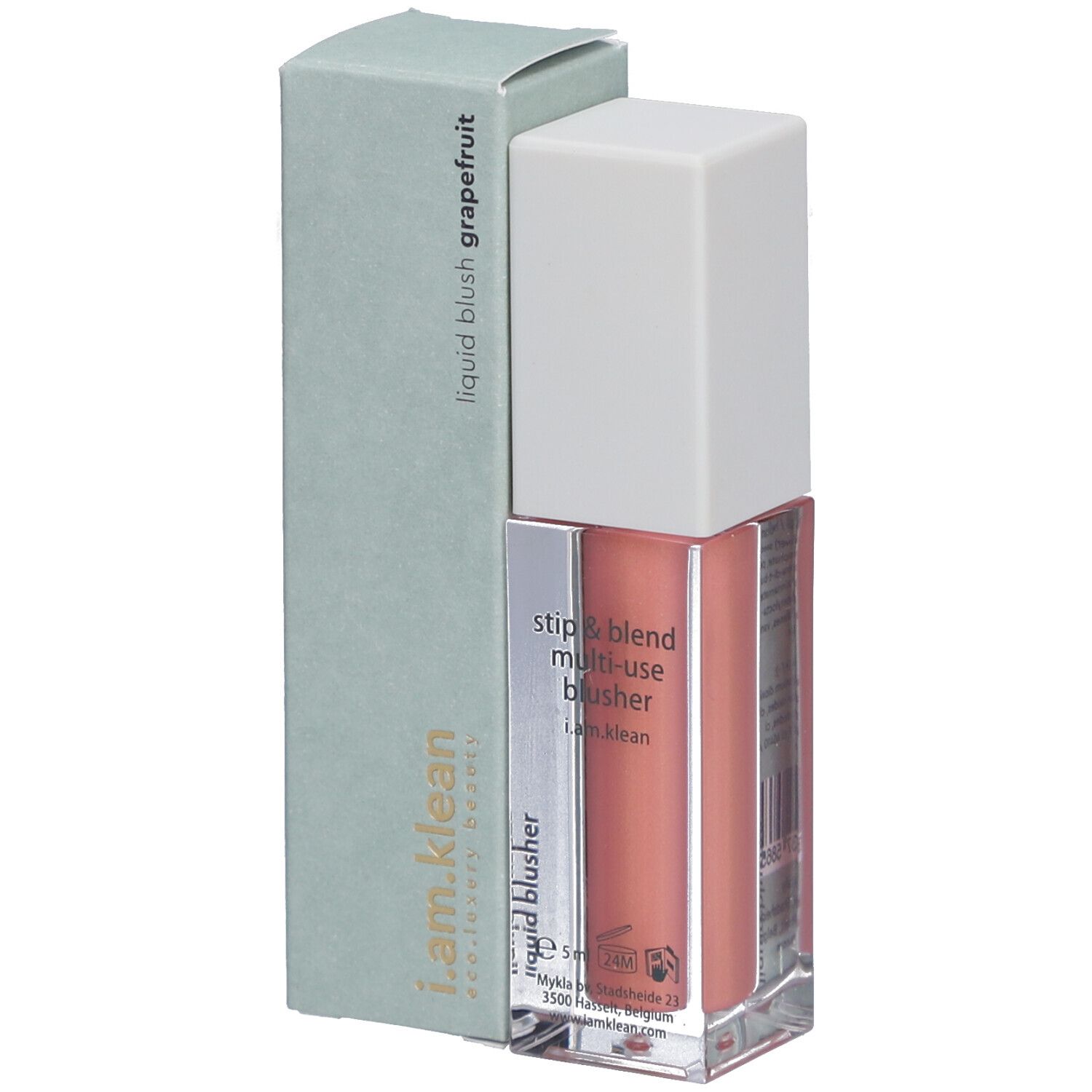 Flüssiges Rouge Grapefruit, Flasche und Verpackung. Aufschrift: i.am.klean, liquid blush, multi-use blusher.