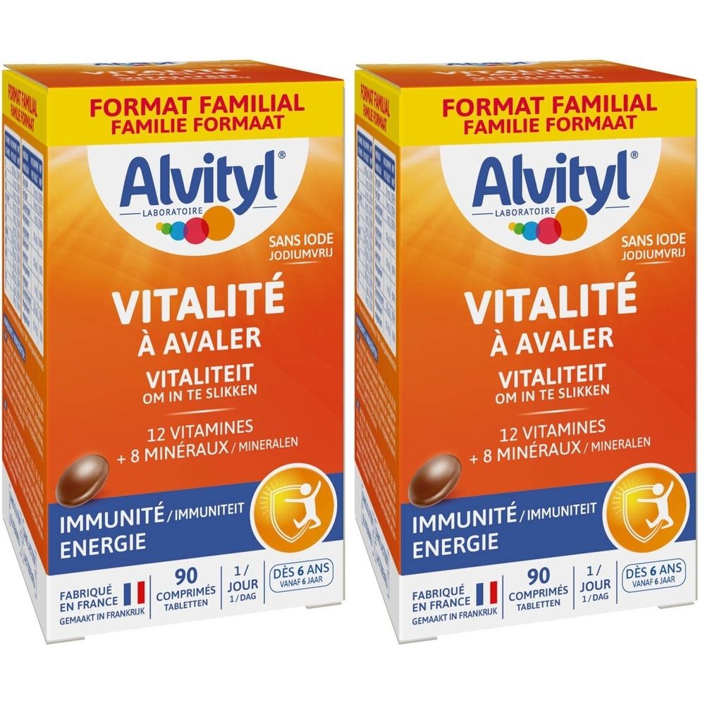 Deux boîtes d'Alvityl Vitalité Multivitamine. Emballage orange avec nom et détails du produit. 90 comprimés.