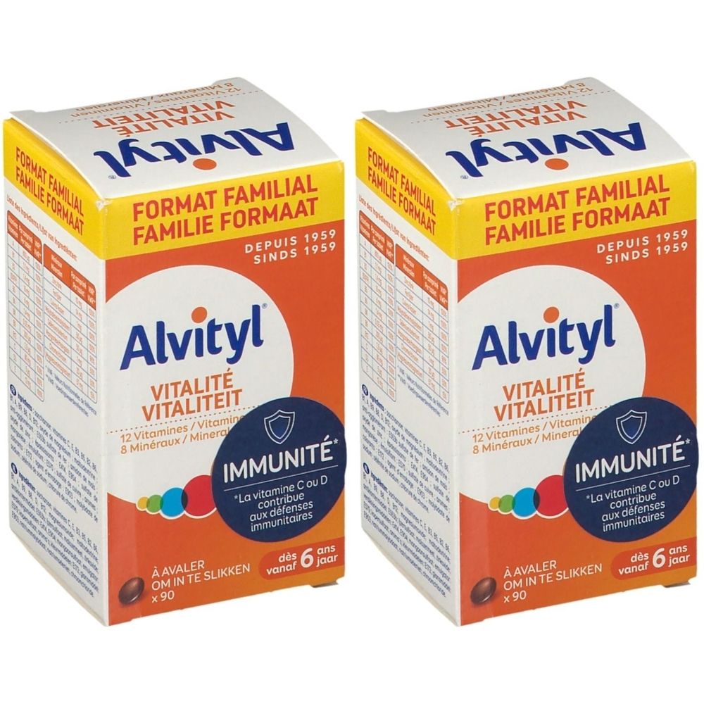 Zwei Packungen Alvityl Vitalité Multivitamine. Gelb-orange Verpackung mit Produktnamen und Inhaltsangaben. 90 Tabletten.