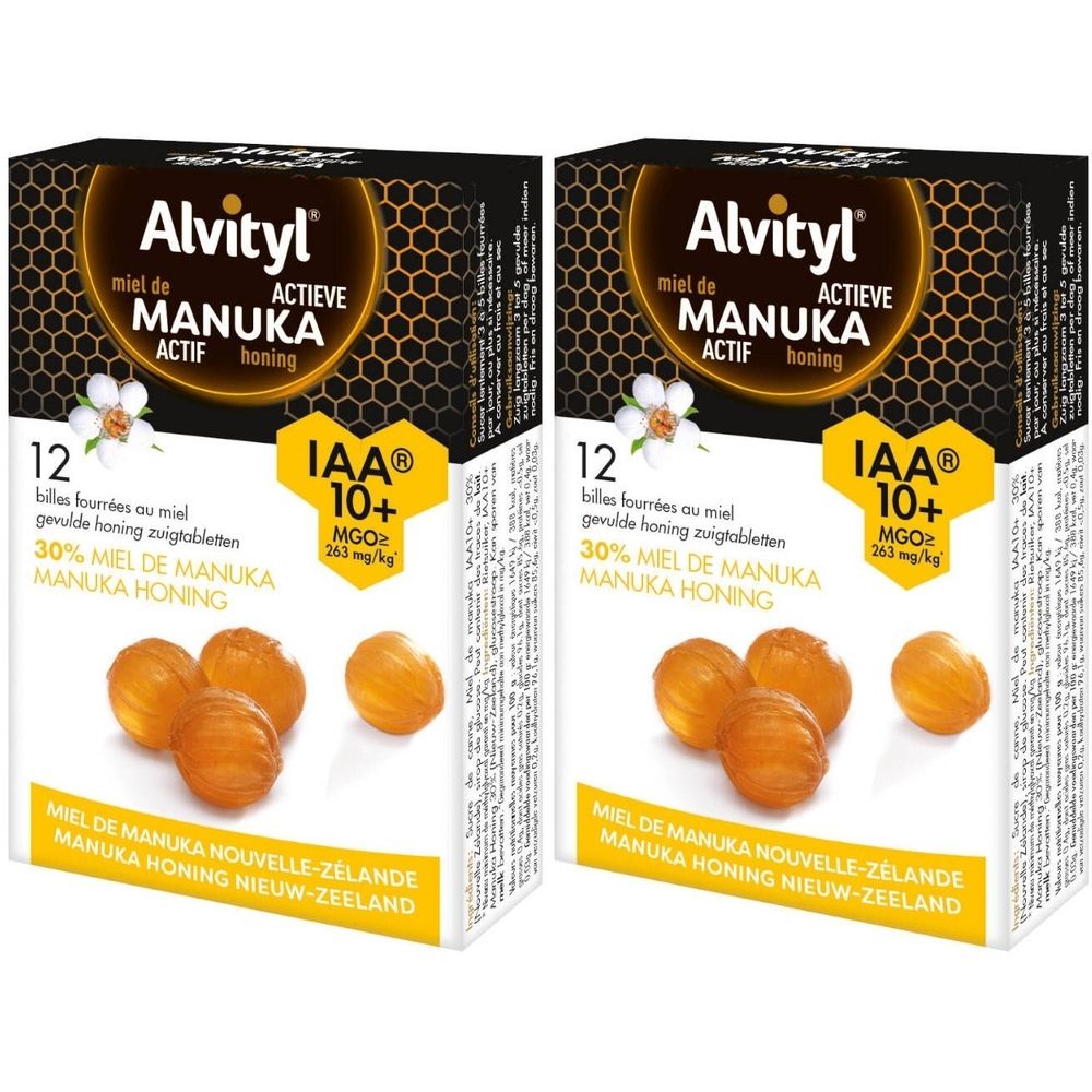 Zwei Packungen Alvityl® mit Honig-Billes. Aufschrift: Actieve Manuka Honing, IAA 10+ Zertifizierung. 12 Tabletten.