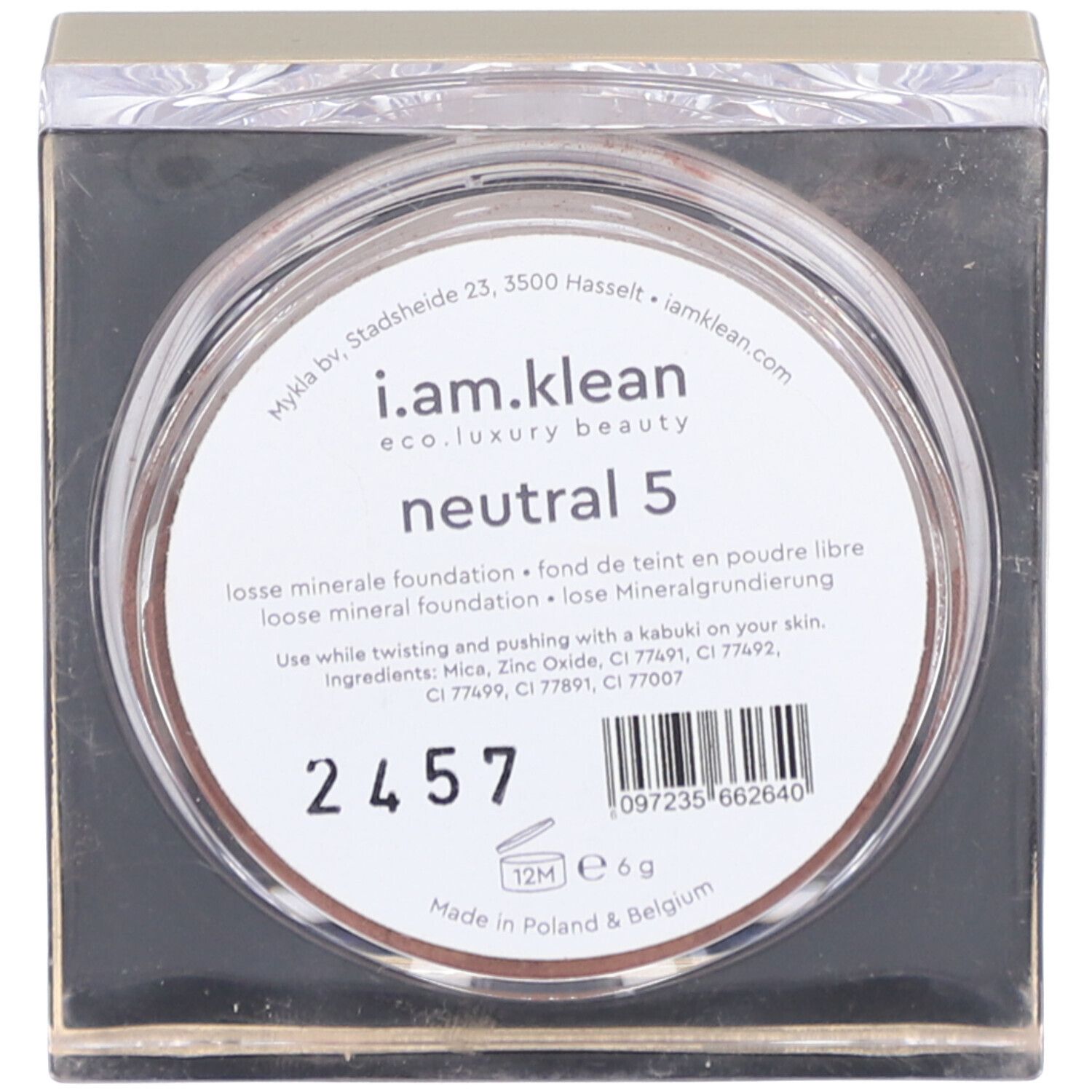Runder Behälter mit losem Mineral-Foundation. Aufschrift: neutral 5, i.am.klean.