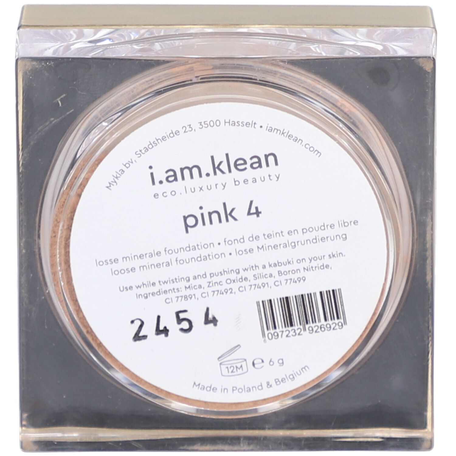 Lose Mineral Foundation in einem transparenten Behälter. Aufschrift: 'pink 4'.