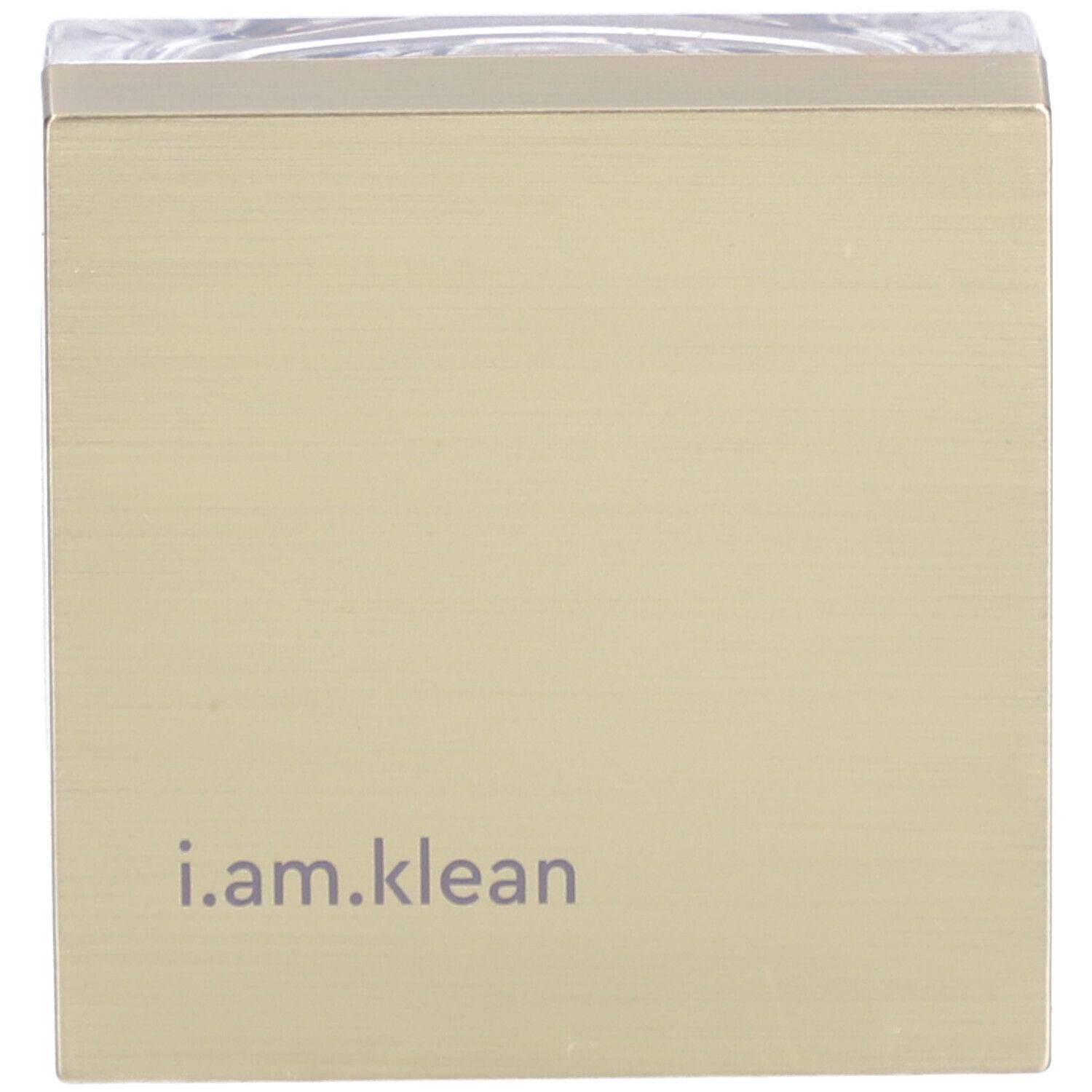 Quadratische, goldfarbene Dose mit transparentem Deckel. Auf der Vorderseite steht in grauer Schrift i.am.klean.