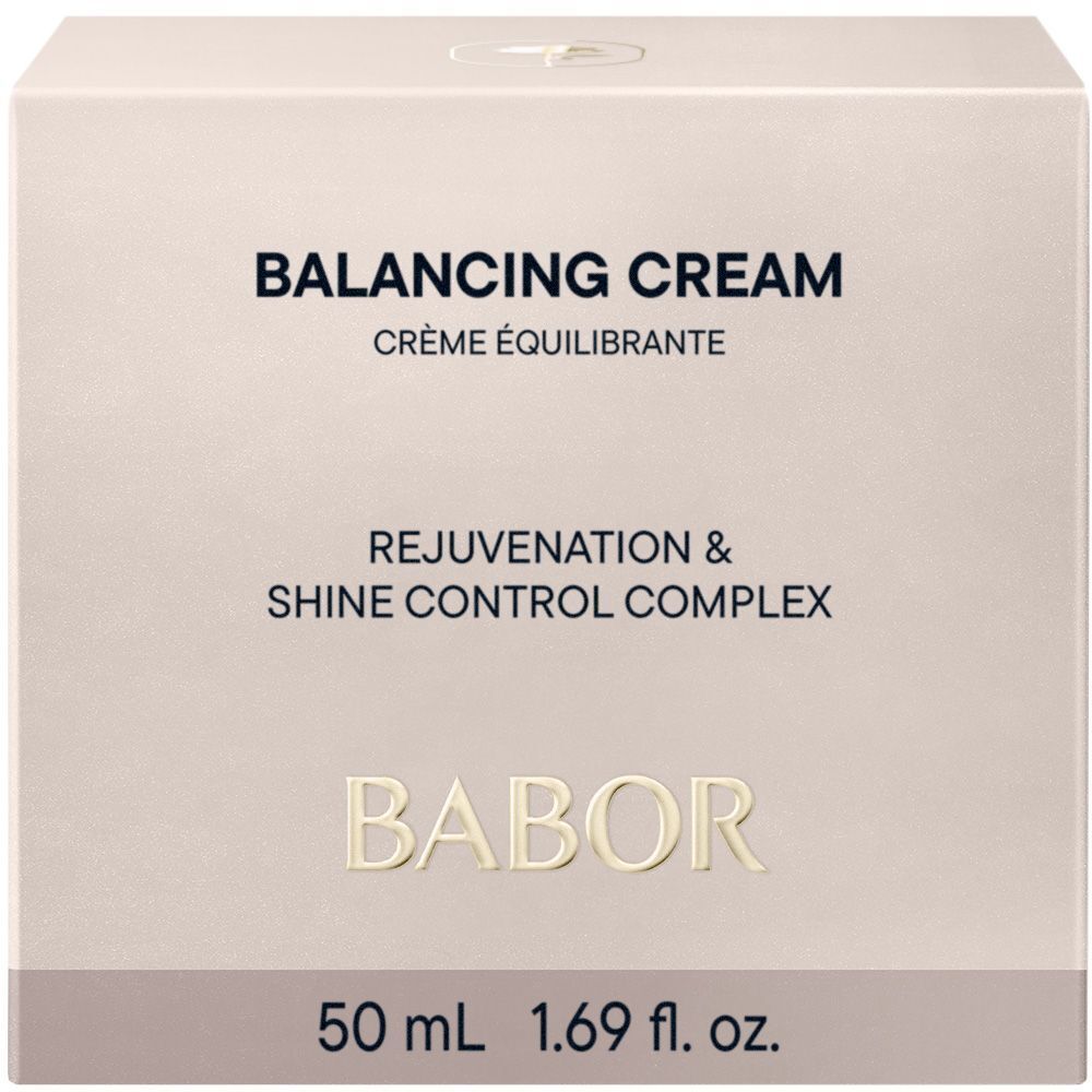 Boîte avec BALANCING CREAM et BABOR. 50 ml 1,69 fl. oz. est écrit sur la boîte.