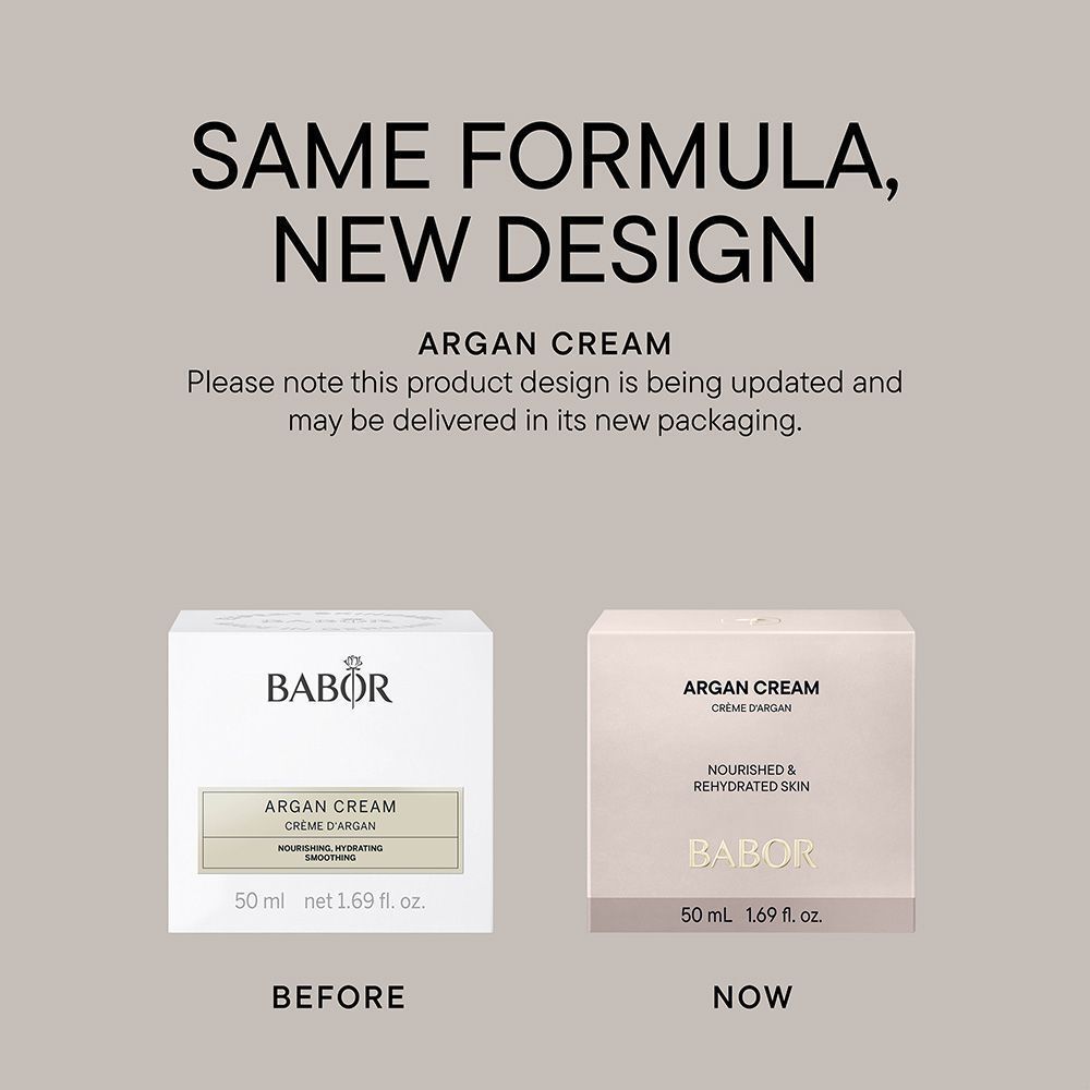 Comparaison de deux emballages. Gauche : ARGAN CREAM, BABOR. Droite : ARGAN CREAM, BABOR, NOURISHED & REHYDRATED SKIN.