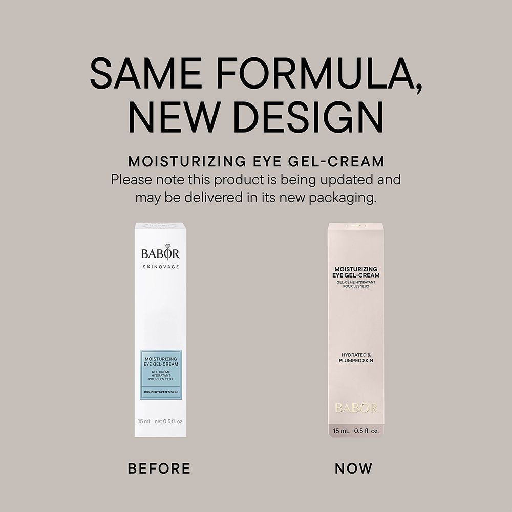 Emballage blanc avec texte bleu: Moisturizing Eye Gel-Cream. Gel-Crème hydratant pour les yeux. Peau sèche, déshydratée.