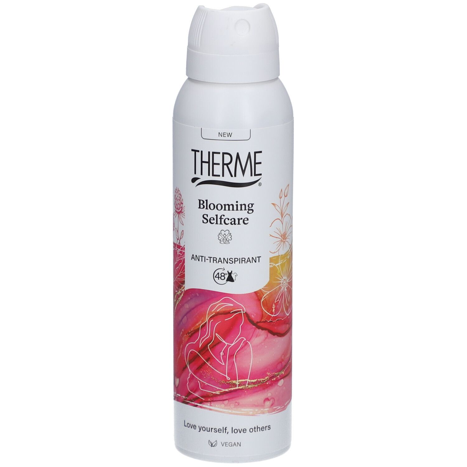 Weißes Therme Blooming Selfcare Anti-Transpirant. Aufschrift: Anti-Transpirant (48). Vegan.