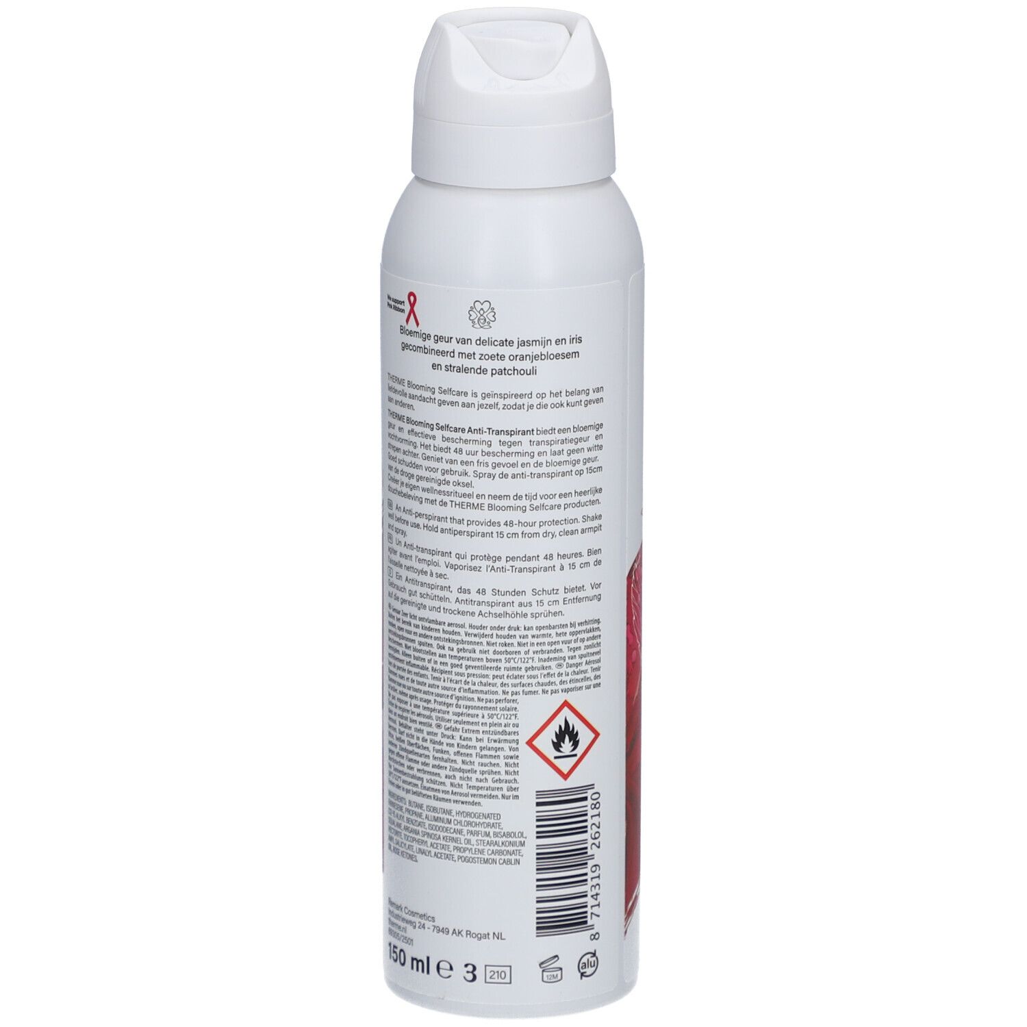 Rückseite der weißen Therme Blooming Selfcare Anti-Transpirant-Flasche. Text und Symbole.