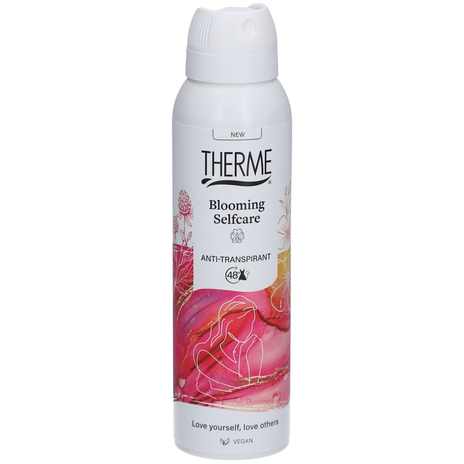 Weißes Therme Blooming Selfcare Anti-Transpirant. Aufschrift: Anti-Transpirant (48). Vegan.