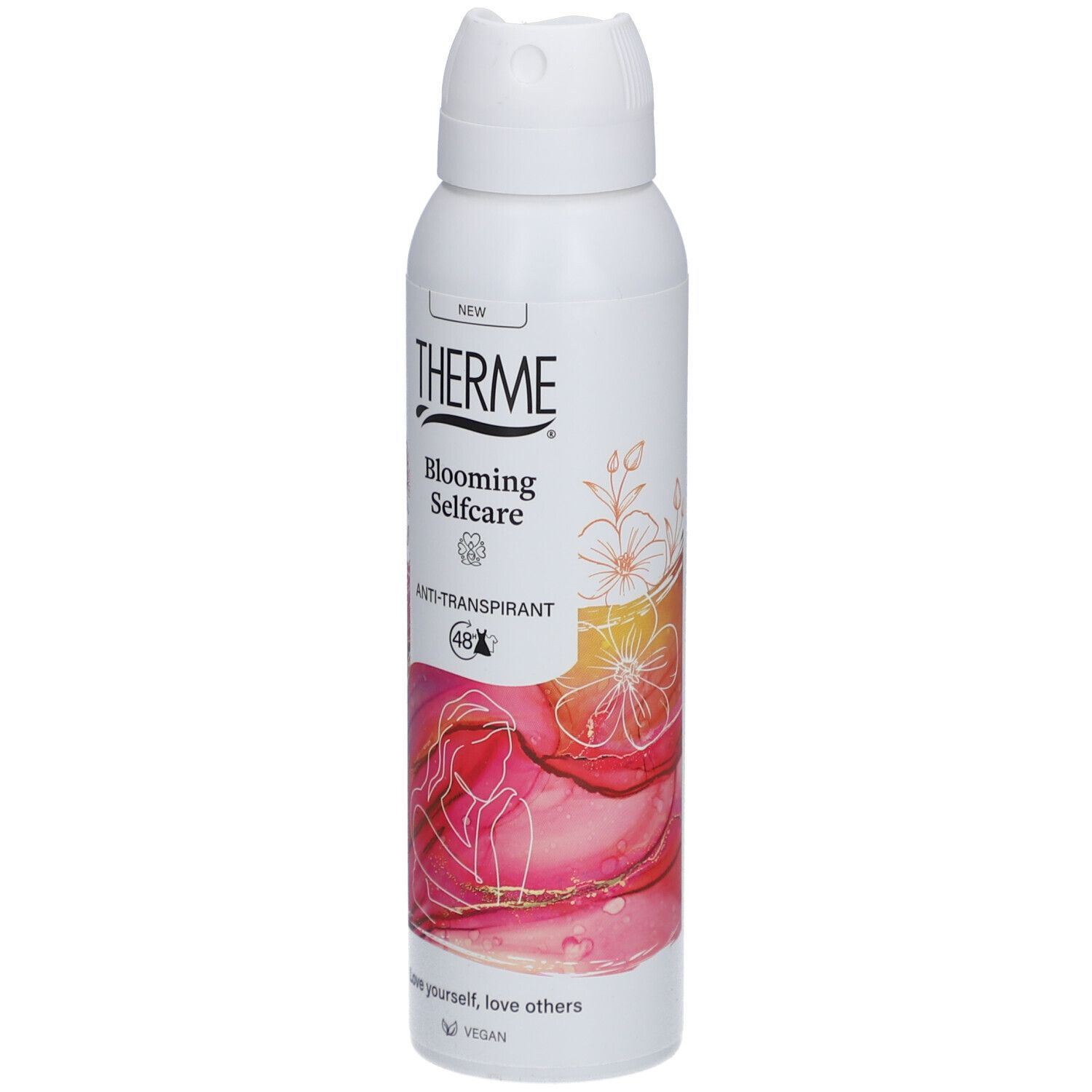 Weißes Therme Blooming Selfcare Anti-Transpirant. Aufschrift: Anti-Transpirant (48). Vegan.