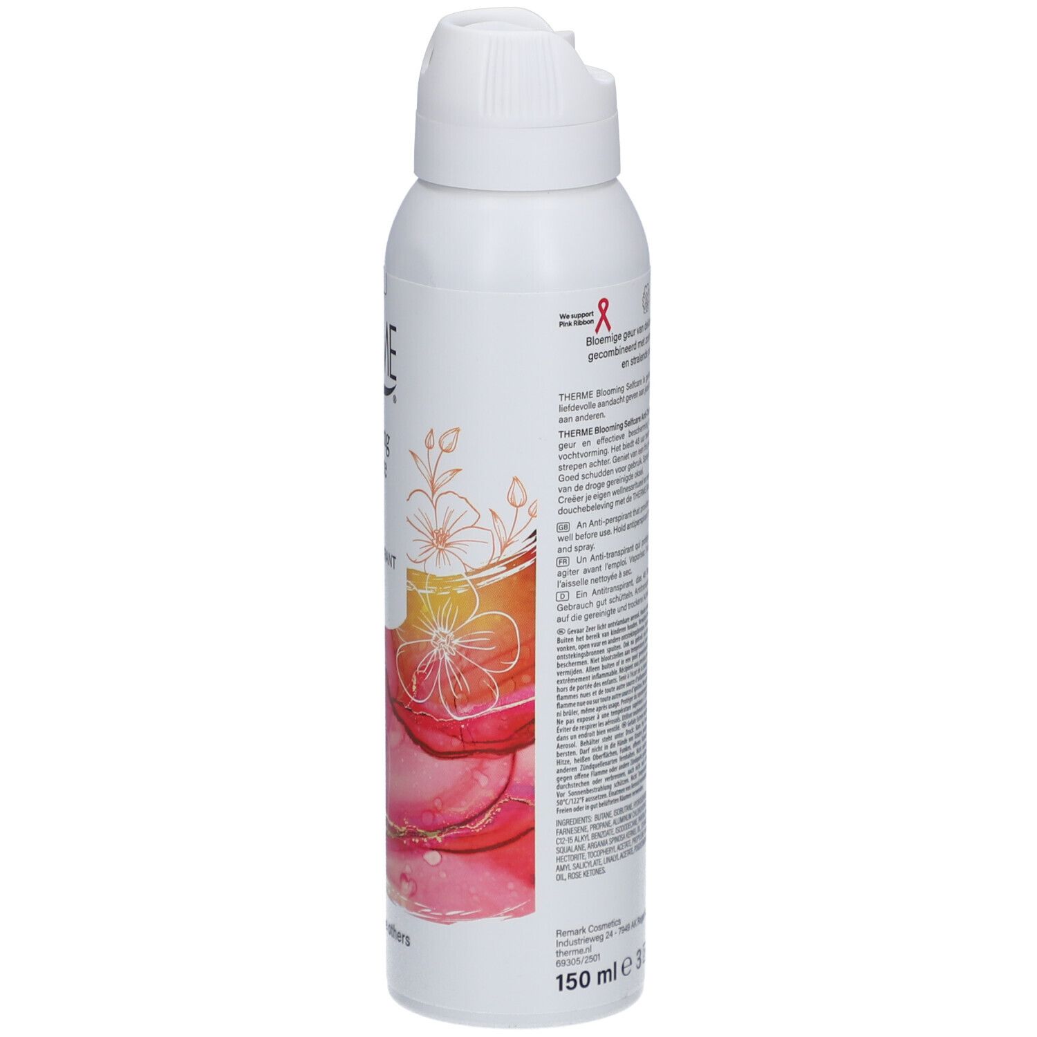 Rückseite der weißen Therme Blooming Selfcare Anti-Transpirant-Flasche. Text und Symbole.
