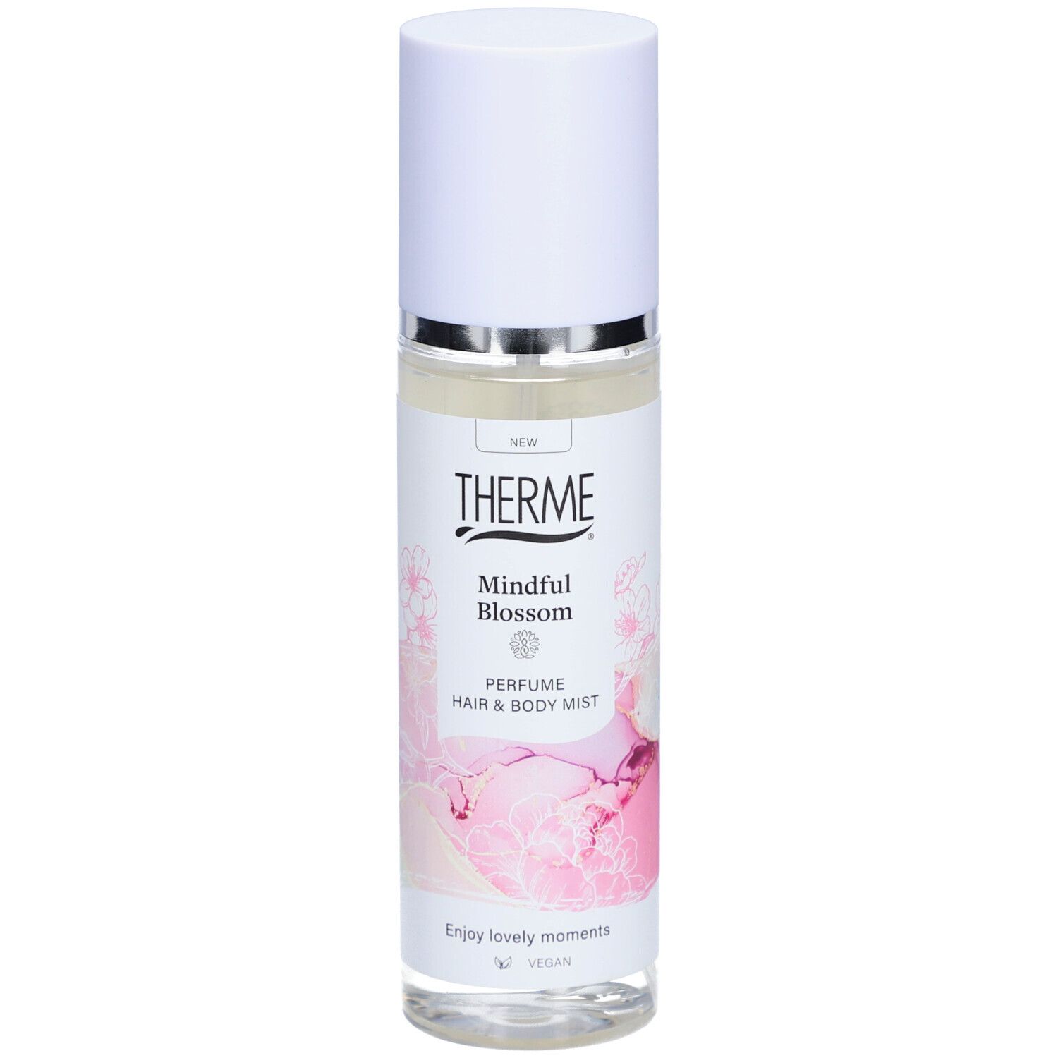 Therme Mindful Blossom Haar- & Körperspray. Weiße Flasche mit Sprühkopf. Rosa Blütenmuster. Vegan.