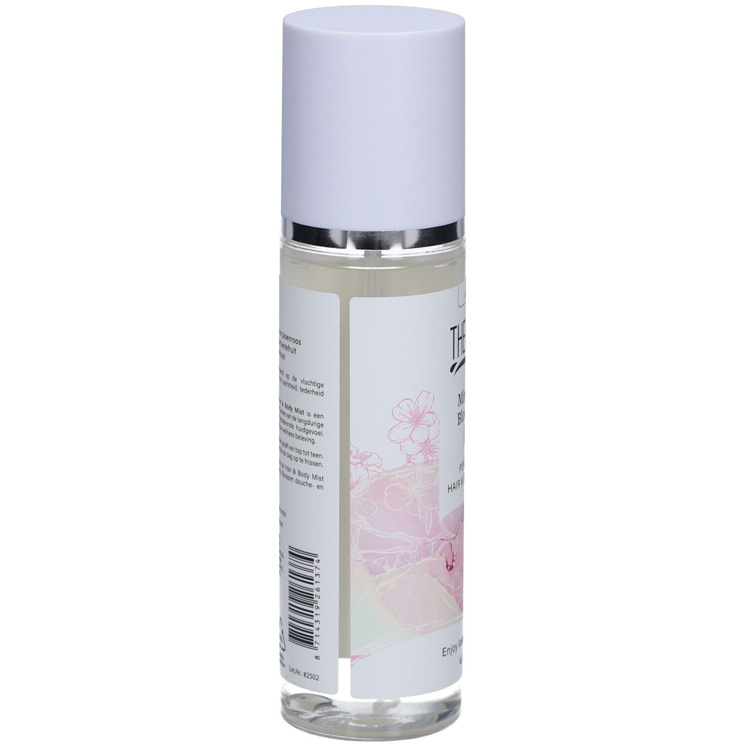 Therme Mindful Blossom Haar- & Körperspray. Rückseite der Flasche. Text und rosa Blütenmuster.