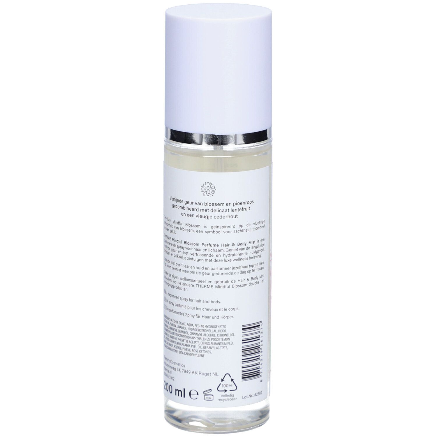 Therme Mindful Blossom Haar- & Körperspray. Rückansicht. Text, rosa Blütenmuster, 100 ml.