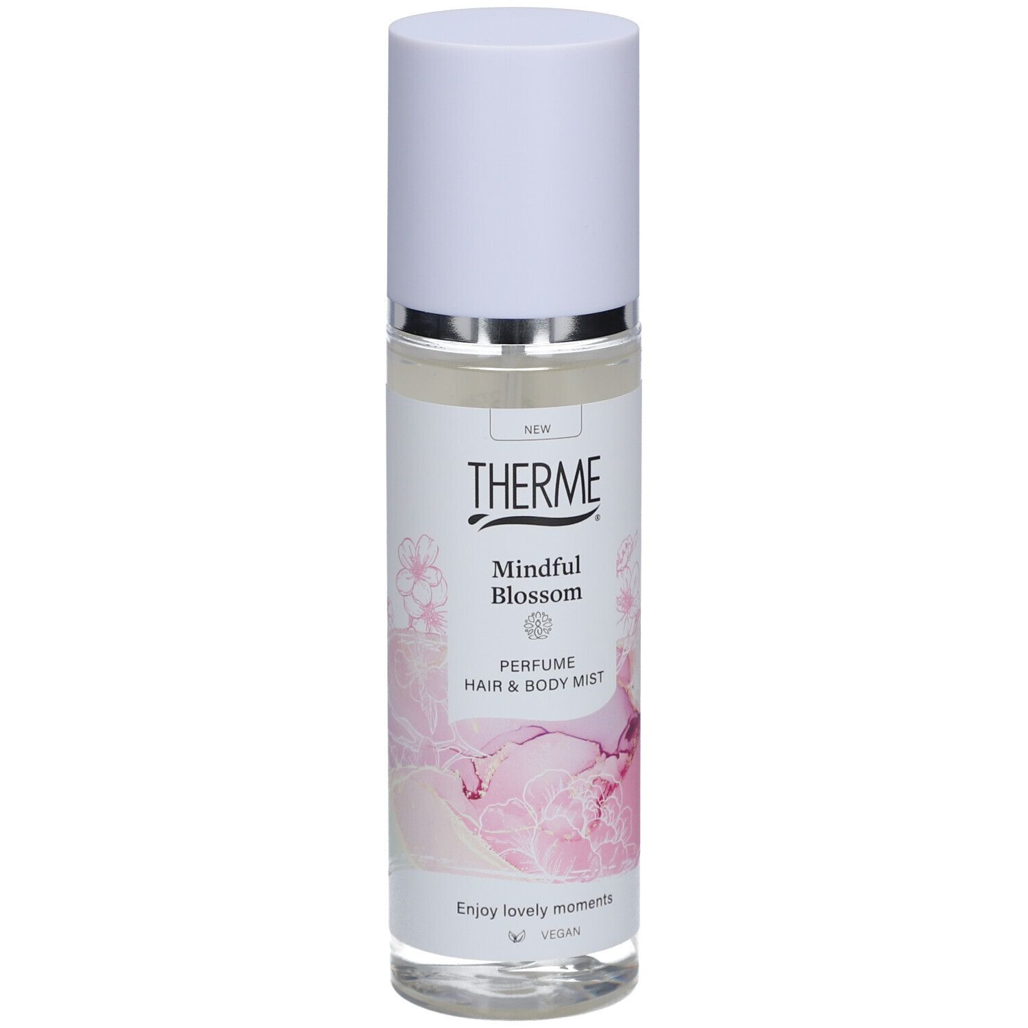 Therme Mindful Blossom Haar- & Körperspray. Weiße Flasche mit Sprühkopf. Rosa Blütenmuster. Vegan.