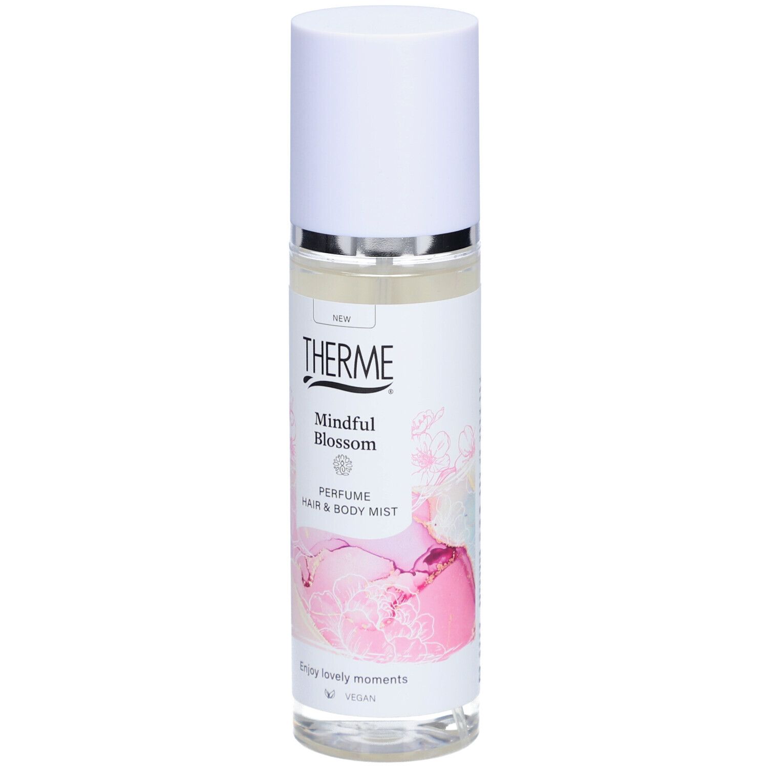 Therme Mindful Blossom Haar- & Körperspray. Weiße Flasche mit Sprühkopf. Rosa Blütenmuster. Vegan.