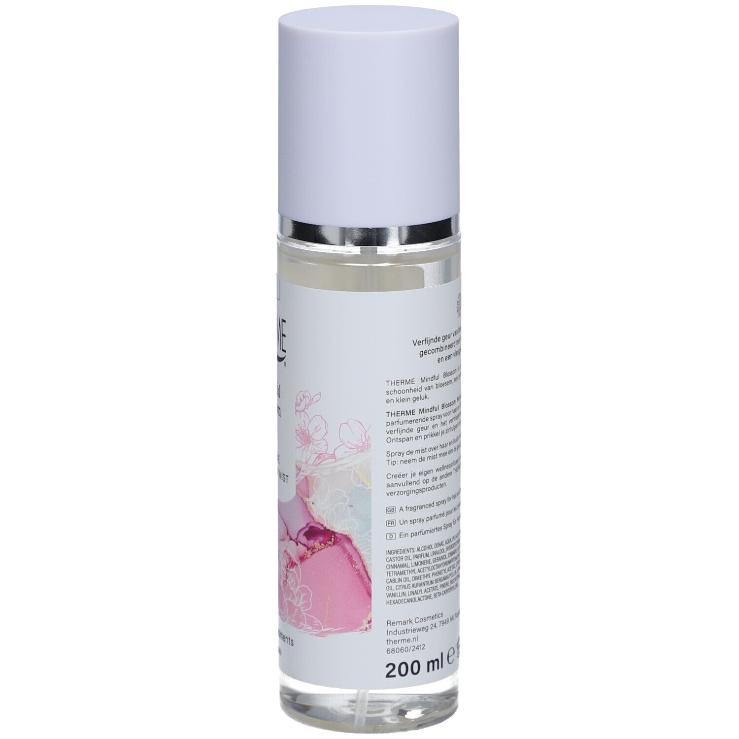 Therme Mindful Blossom Haar- & Körperspray. Rückansicht. Text, rosa Blütenmuster, 200 ml.