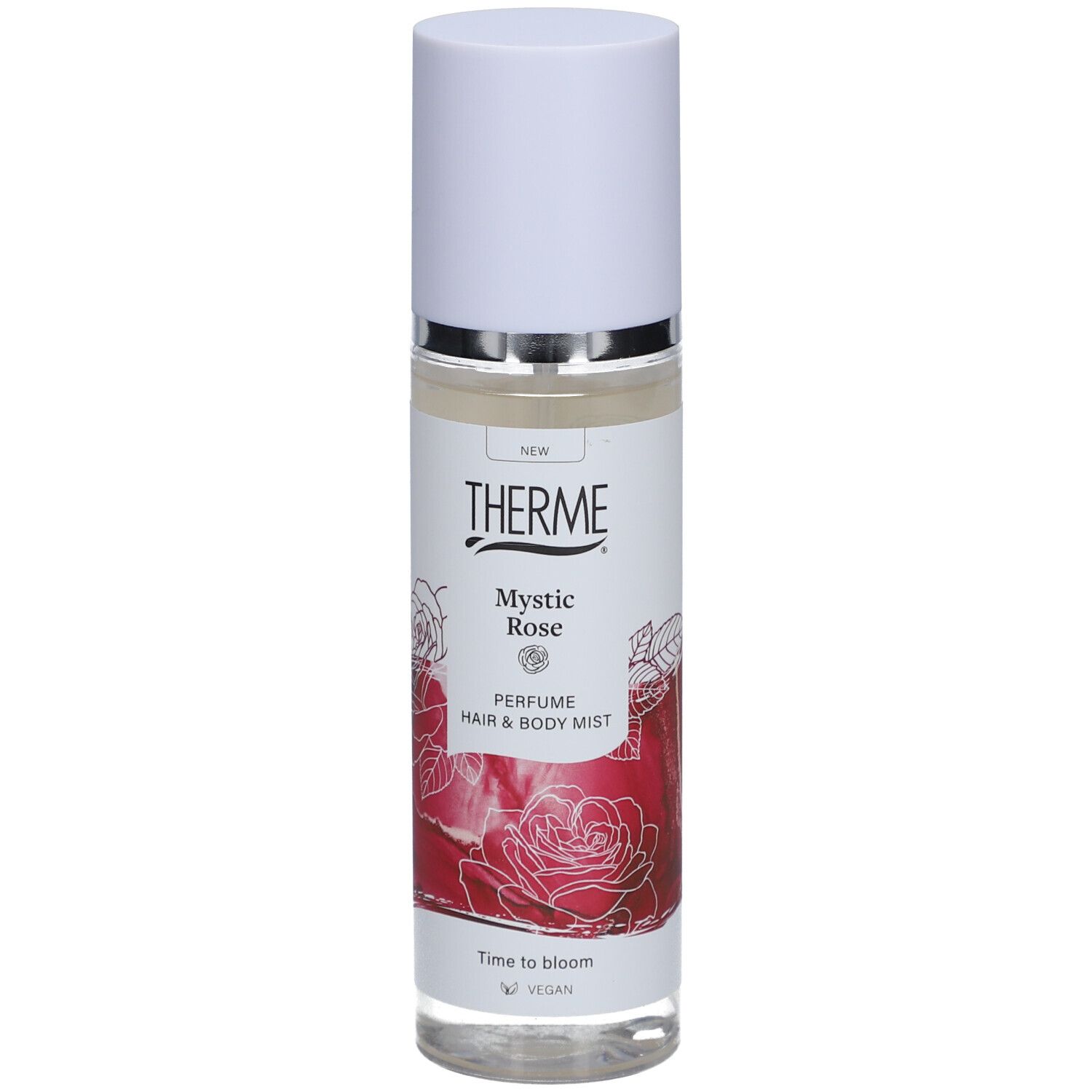 Therme Mystic Rose Parfum Nebel für Haare und Körper. Weiße Kappe, transparente Flasche, rotes Rosendesign. Vegan.