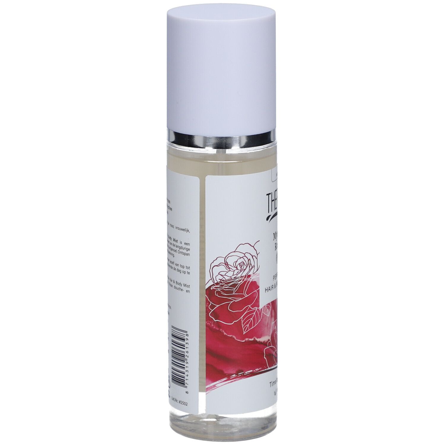 Therme Mystic Rose Parfum Nebel für Haare und Körper. Rückseite der Flasche, Text und Barcode. Vegan.