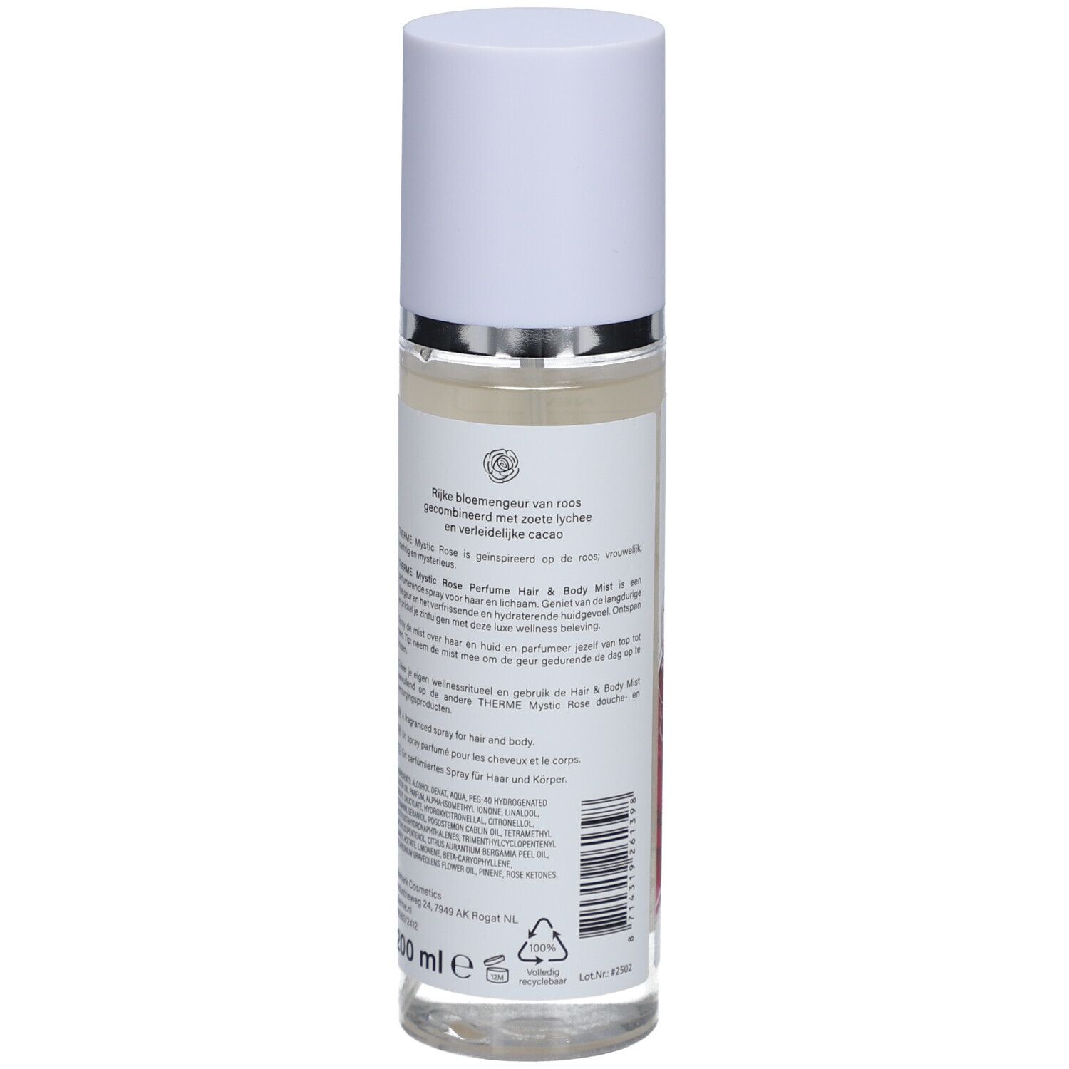 Therme Mystic Rose Parfum Nebel für Haare und Körper. Rückseite der Flasche, Text und Symbole. Vegan.