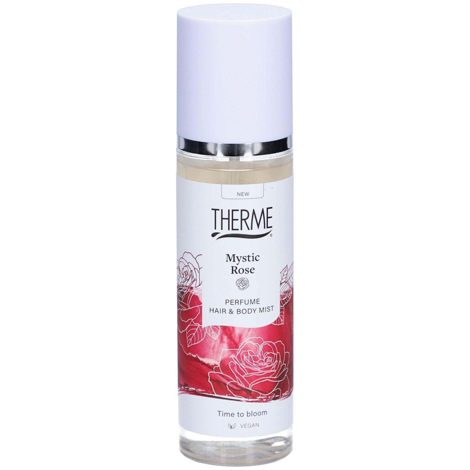 Therme Mystic Rose Parfum Nebel für Haare und Körper. Vorderansicht, weißer Deckel, rotes Rosendesign. Vegan.