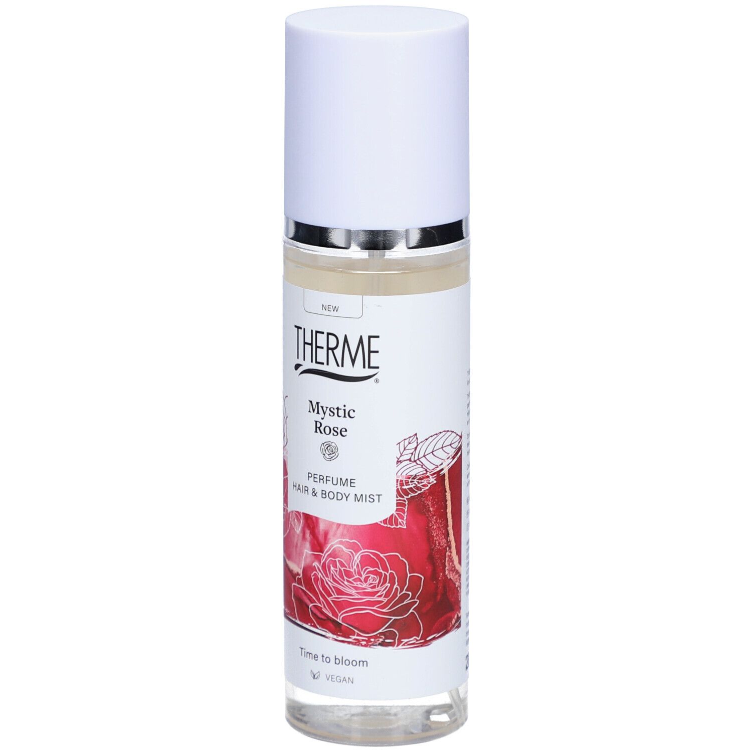Therme Mystic Rose Parfum Nebel für Haare und Körper. Vorderansicht, weißer Deckel, rotes Rosendesign. Vegan.