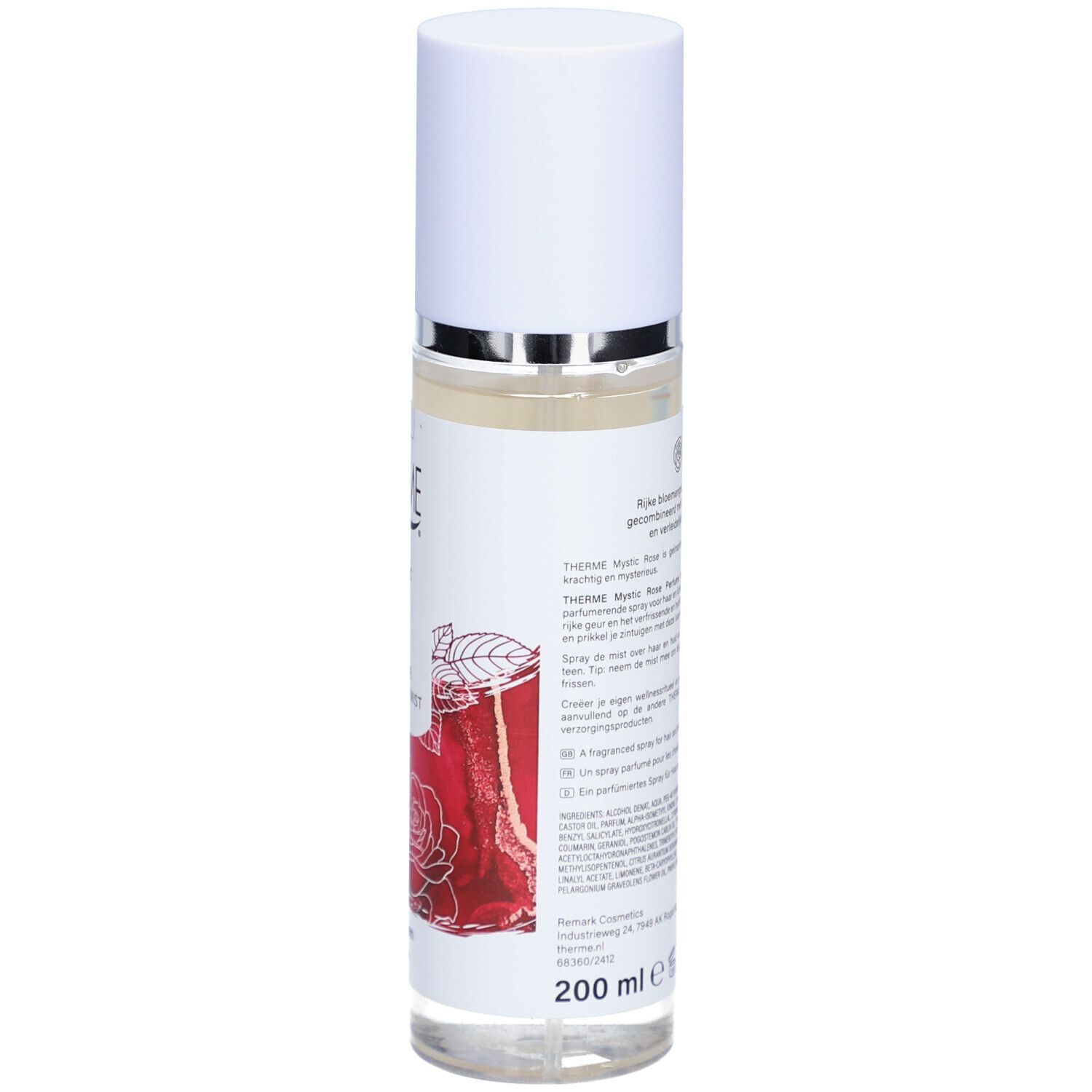 Therme Mystic Rose Parfum Nebel für Haare und Körper. Rückansicht, Text, 200 ml. Vegan.