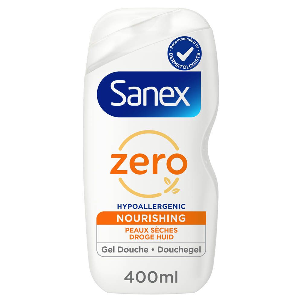 Flacon blanc Sanex avec logo bleu et texte orange. Texte : Zero, hypoallergénique, 400 ml, pour peaux sèches.