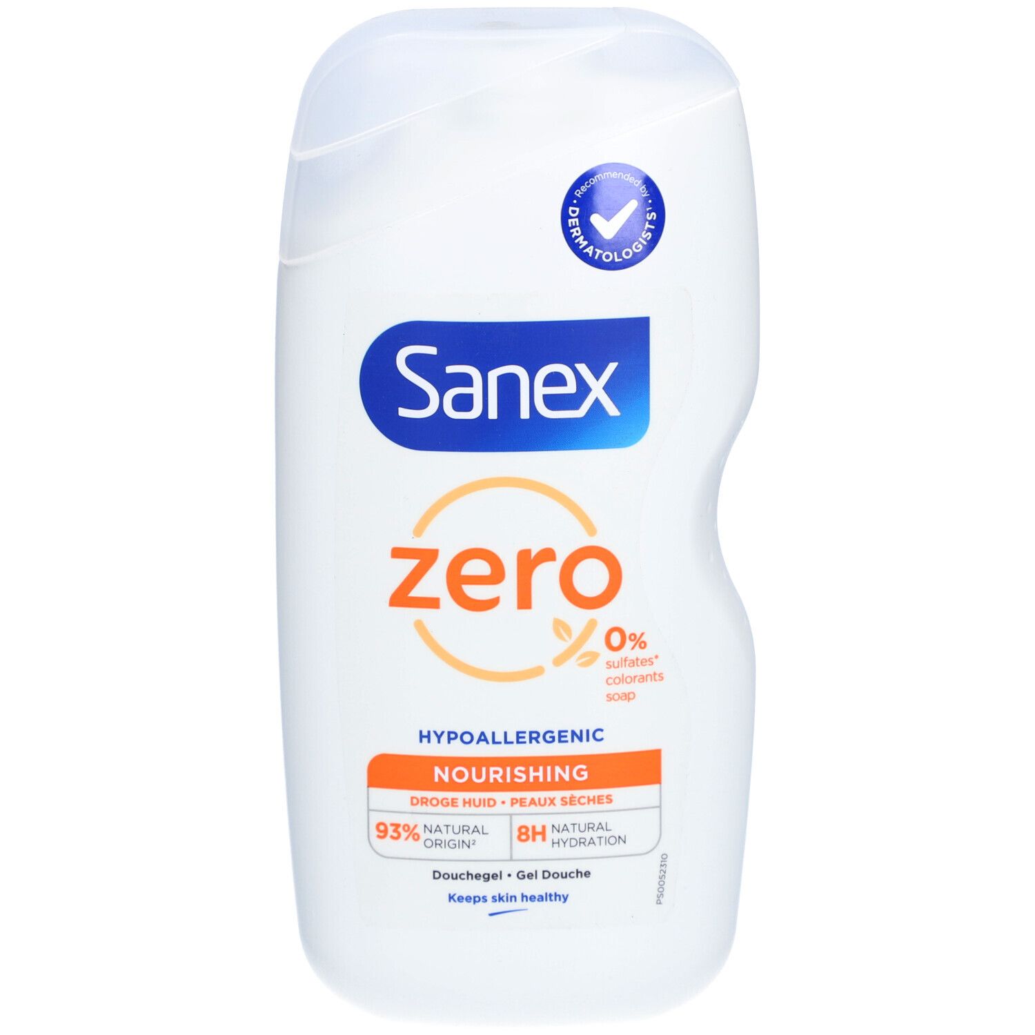 Weiße Sanex-Flasche mit blauem Logo und orangefarbenem Schriftzug. Text: Zero, hypoallergen, 0% Farbstoffe, 93% natürlichen Ursprungs.