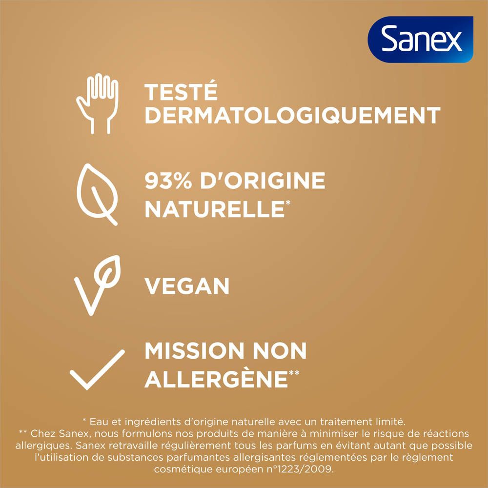 Texte : Testé dermatologiquement, 93% d'origine naturelle, vegan, mission non allergène. Logo Sanex en haut à droite.