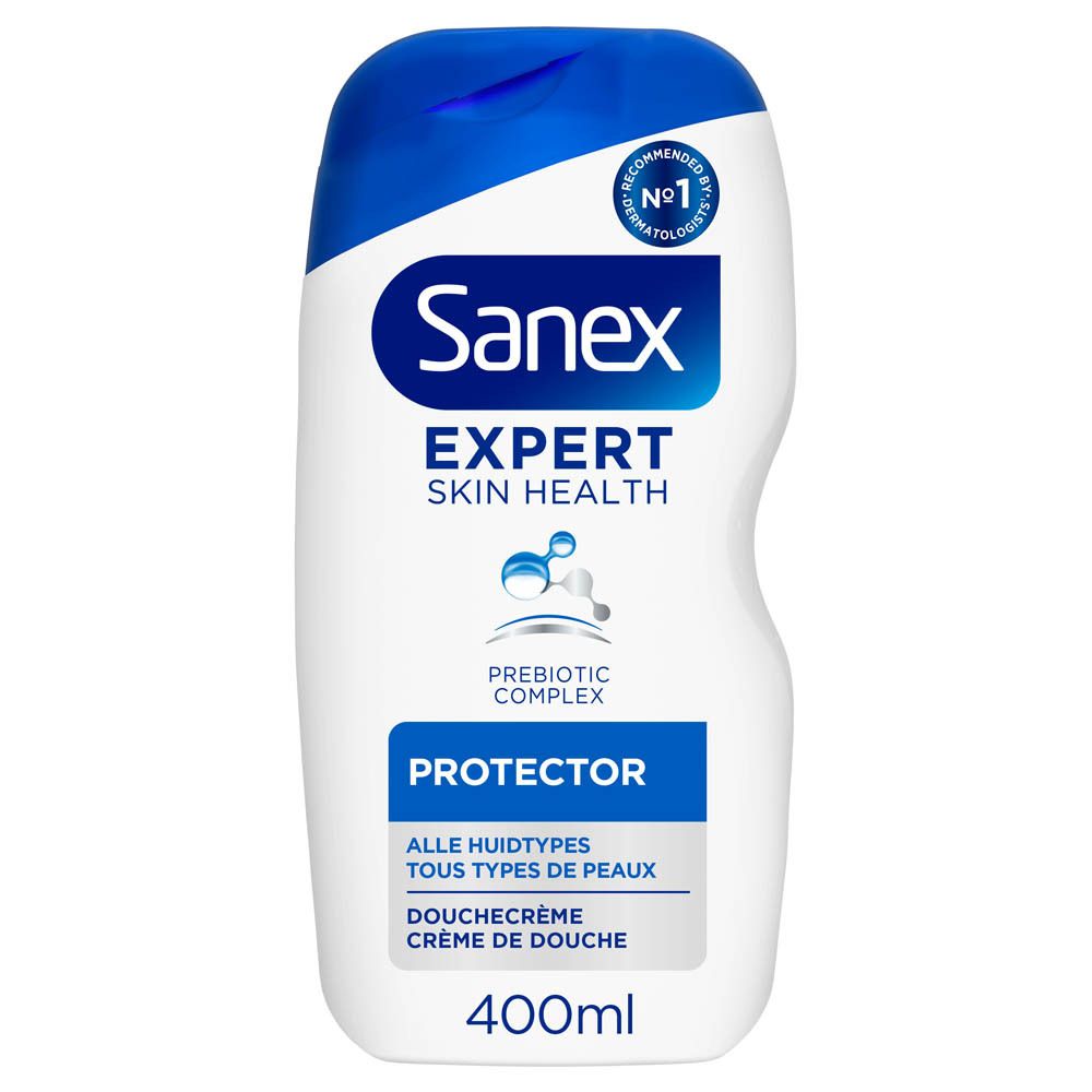 Flacon Sanex Expert Duschcreme Protector Prebiotic. Blanc, bleu. 400ml. Tous types de peaux.