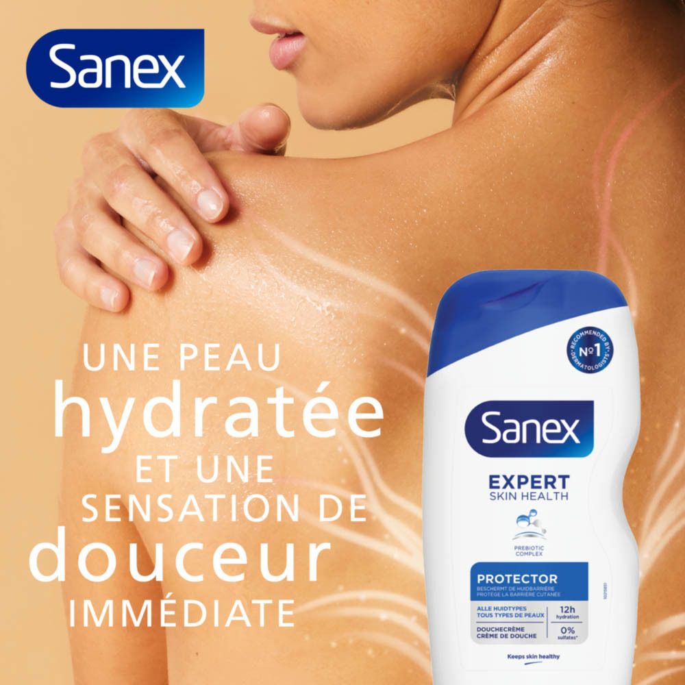 Publicité : femme, flacon Sanex, texte : hydratée, douceur immédiate. Soin de la peau.