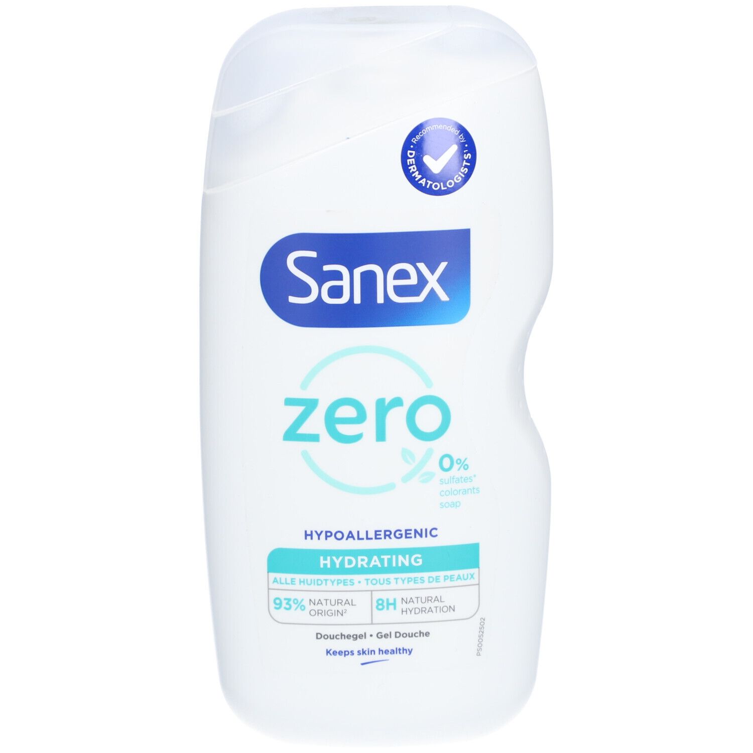 Weiße Sanex Zero% Duschgel-Flasche. Blaue und türkise Schriftzüge. Dermatologisch getestet.