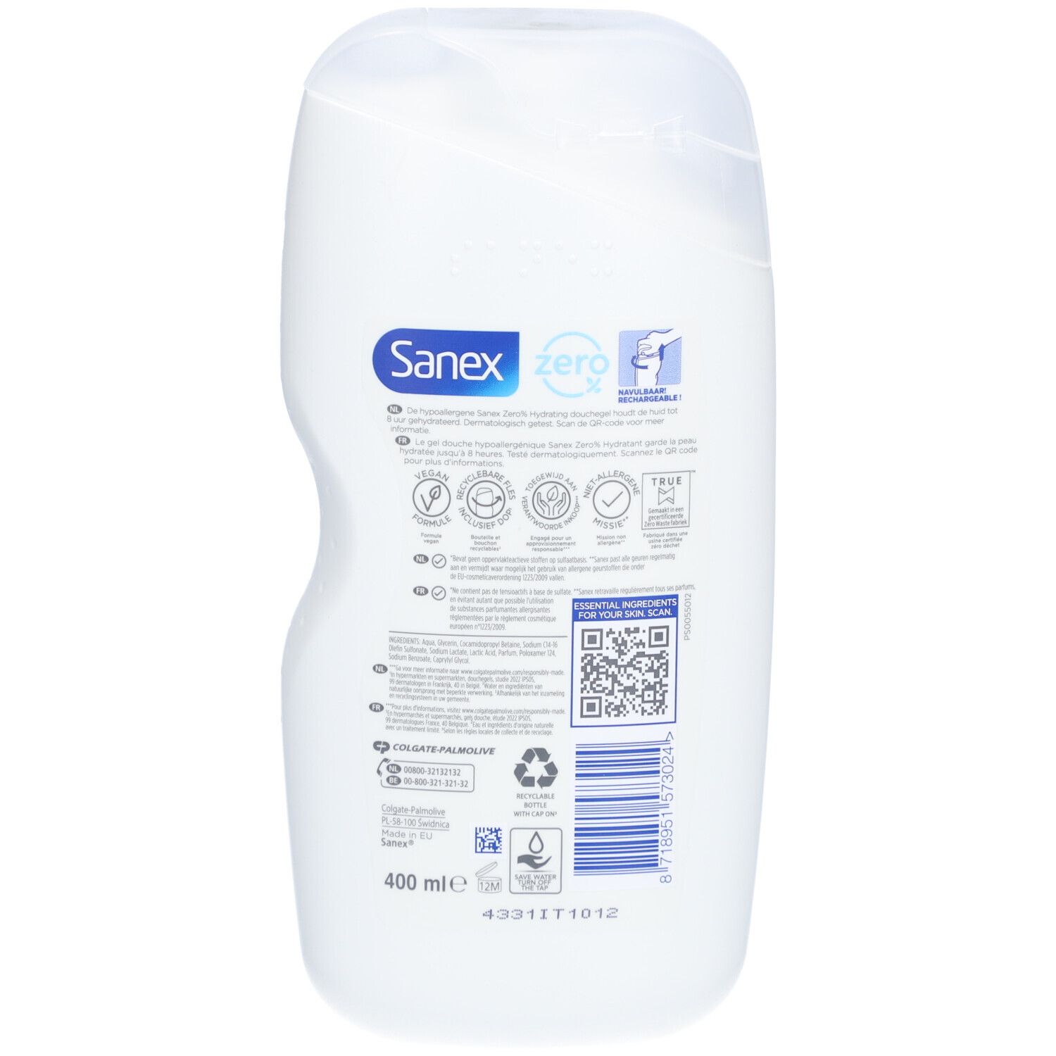 Rückseite der Sanex Zero% Duschgel-Flasche. Informationen, QR-Code, Recycling-Symbol und 400 ml.