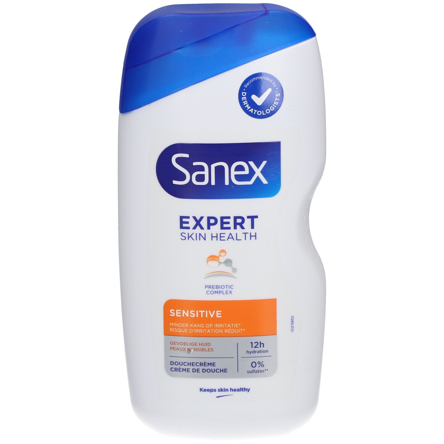 Sanex Expert Skin Health Sensitive Cremedusche. Weiße Flasche mit blauem Deckel. Dermatologisch getestet.